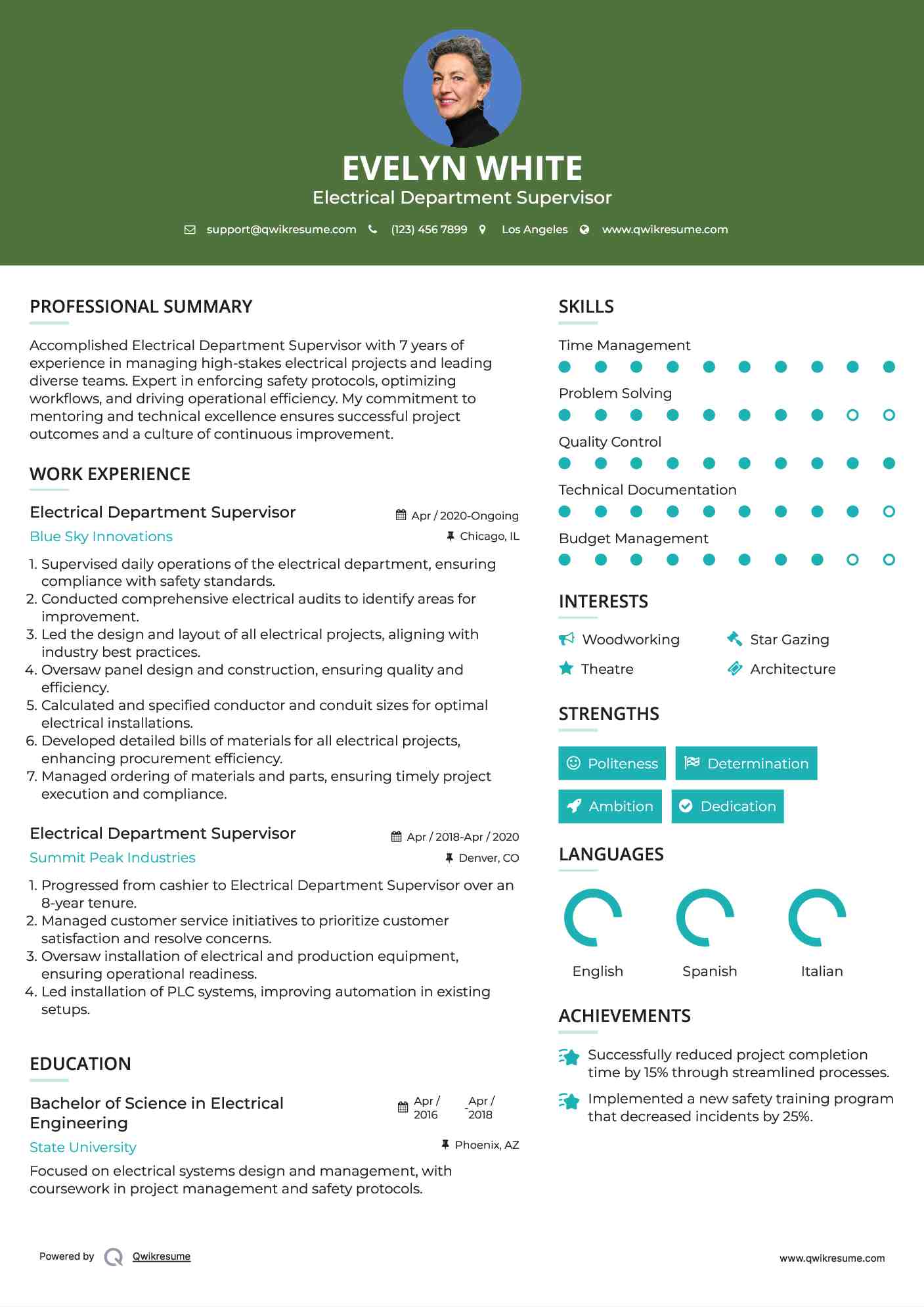Electrical Department Supervisor Resume Example