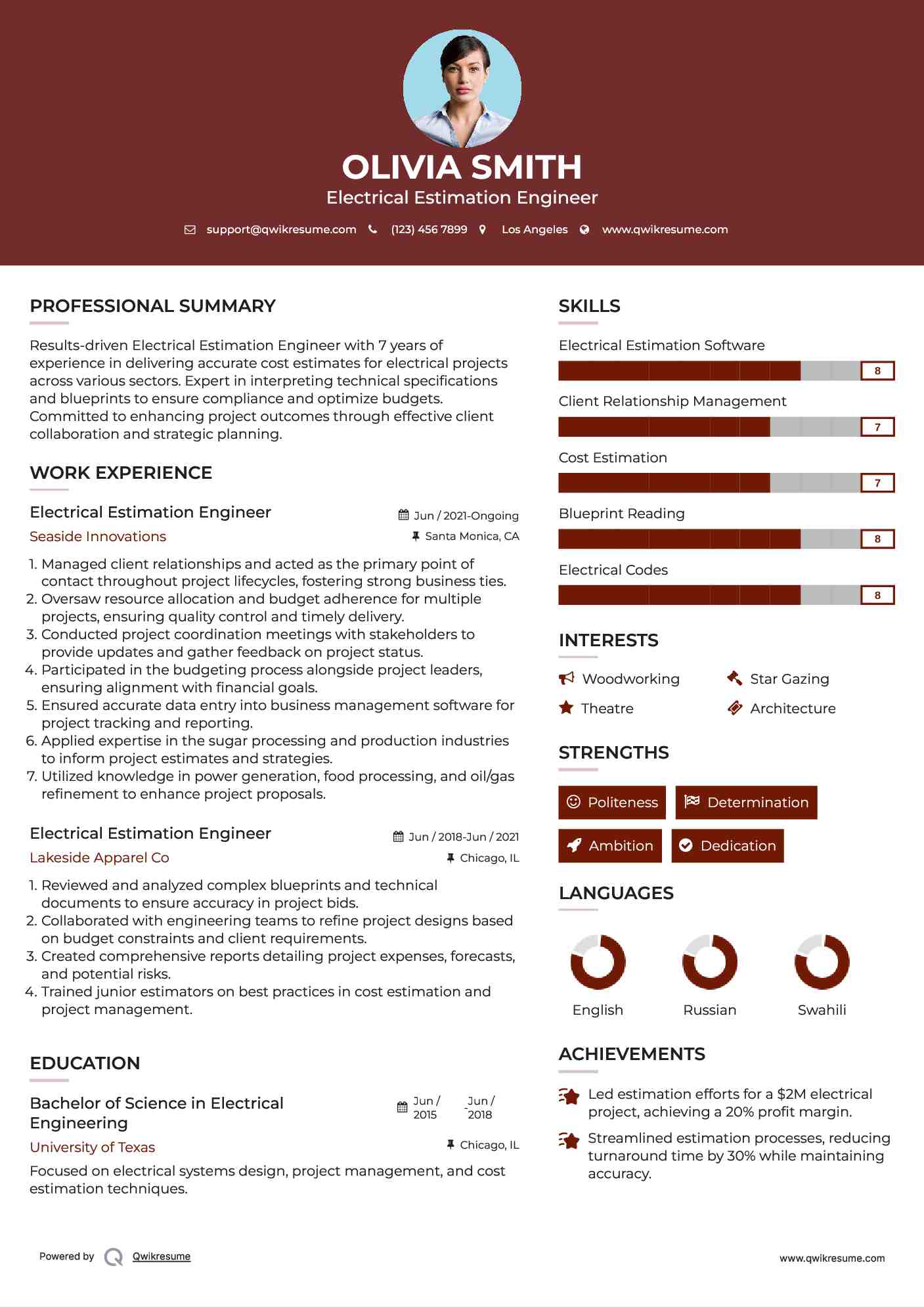 Electrical Estimation Engineer Resume Model