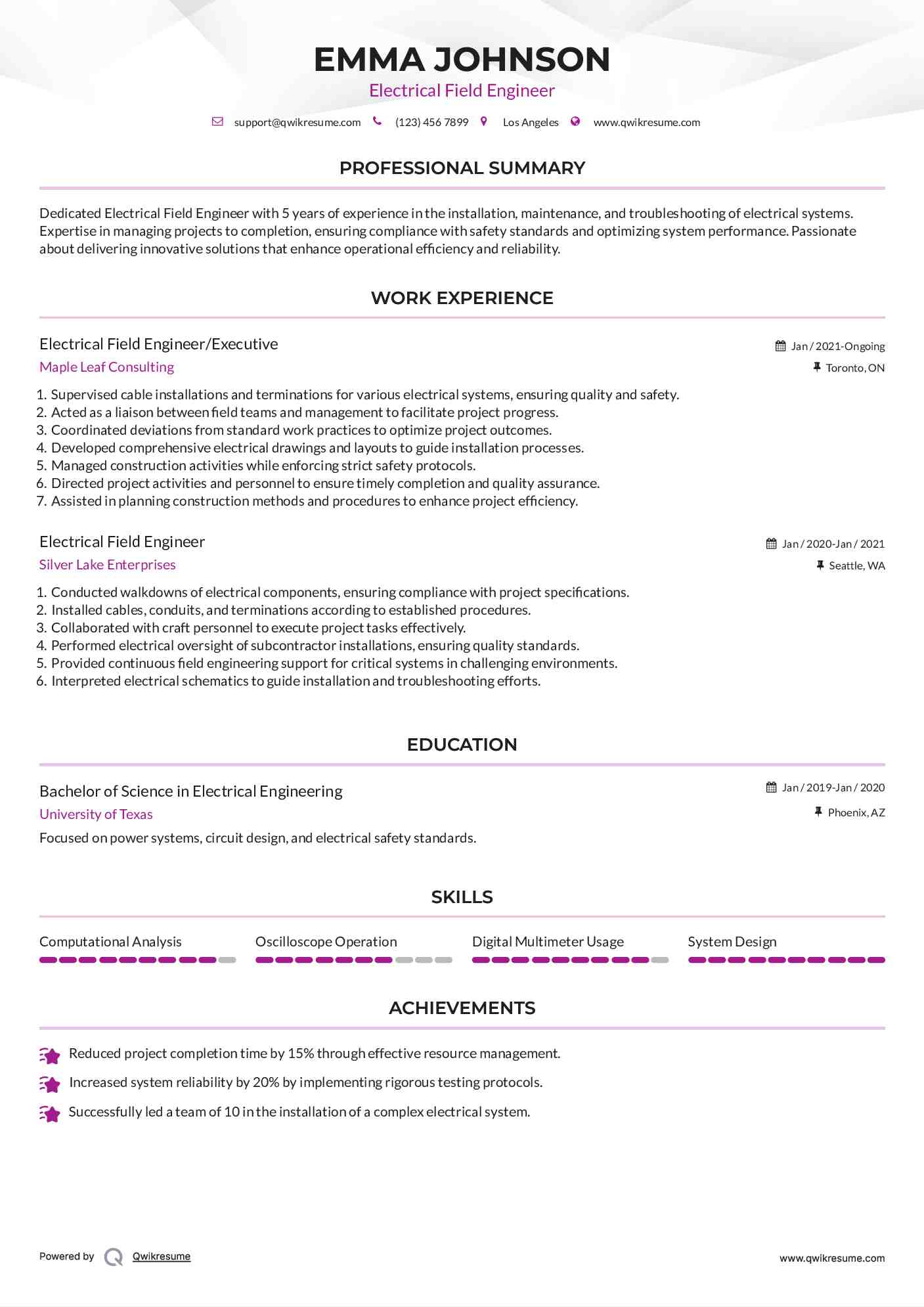 Electrical Field Engineer/Executive Resume Template