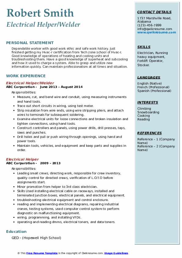 Electrical Helper Resume Samples QwikResume
