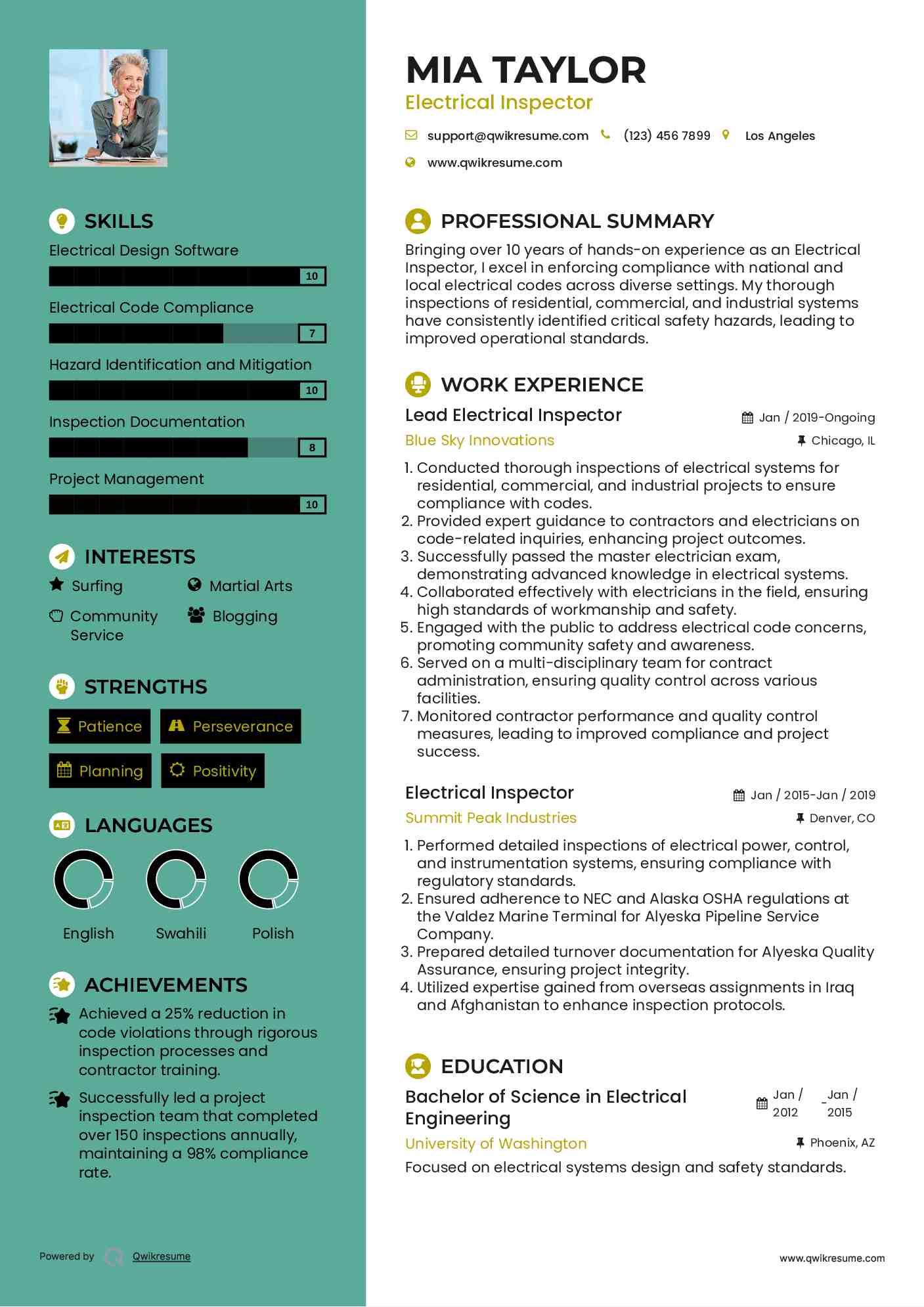 Electrical Inspector Resume Samples QwikResume