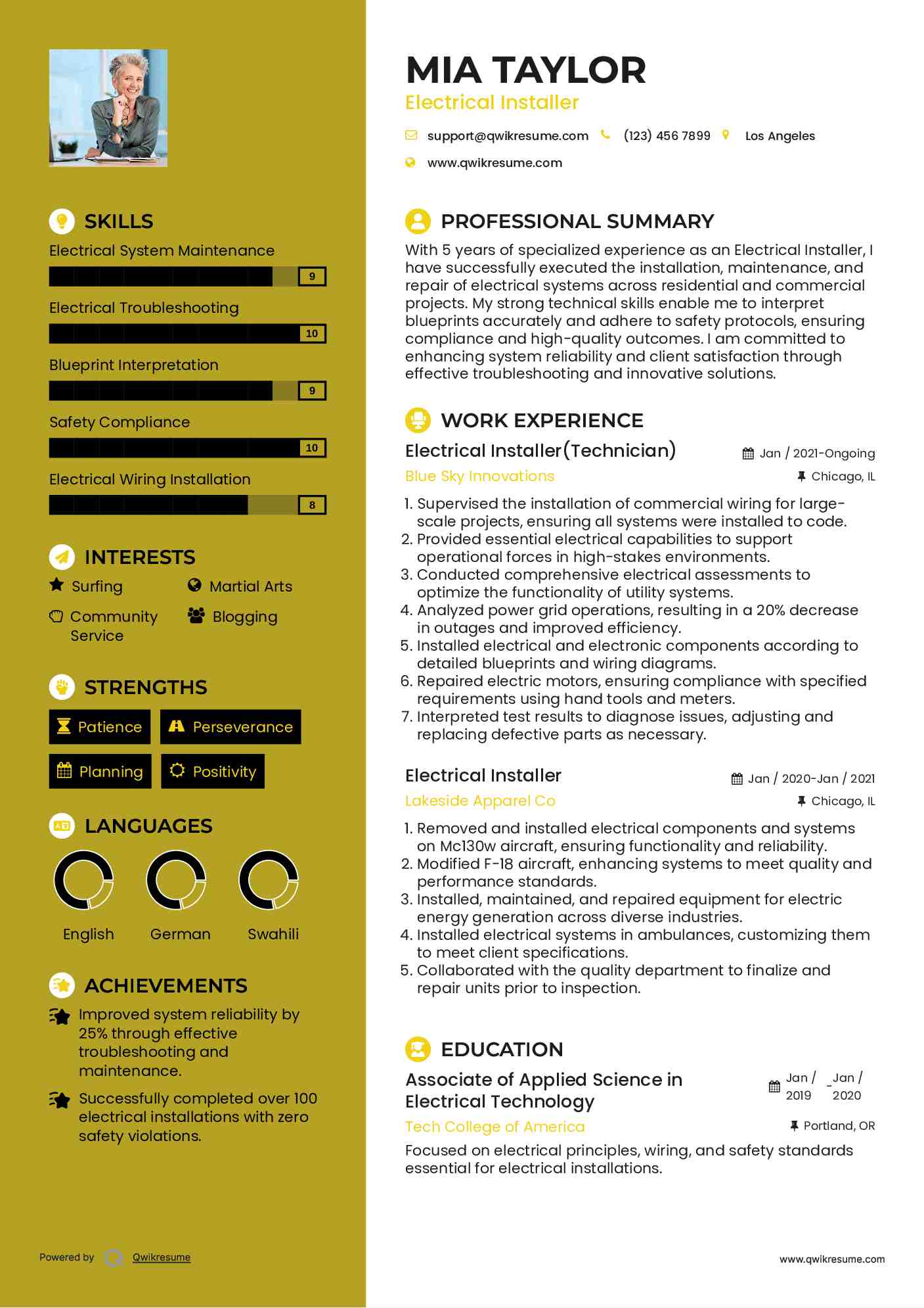 Electrical Installer(Technician) Resume Sample