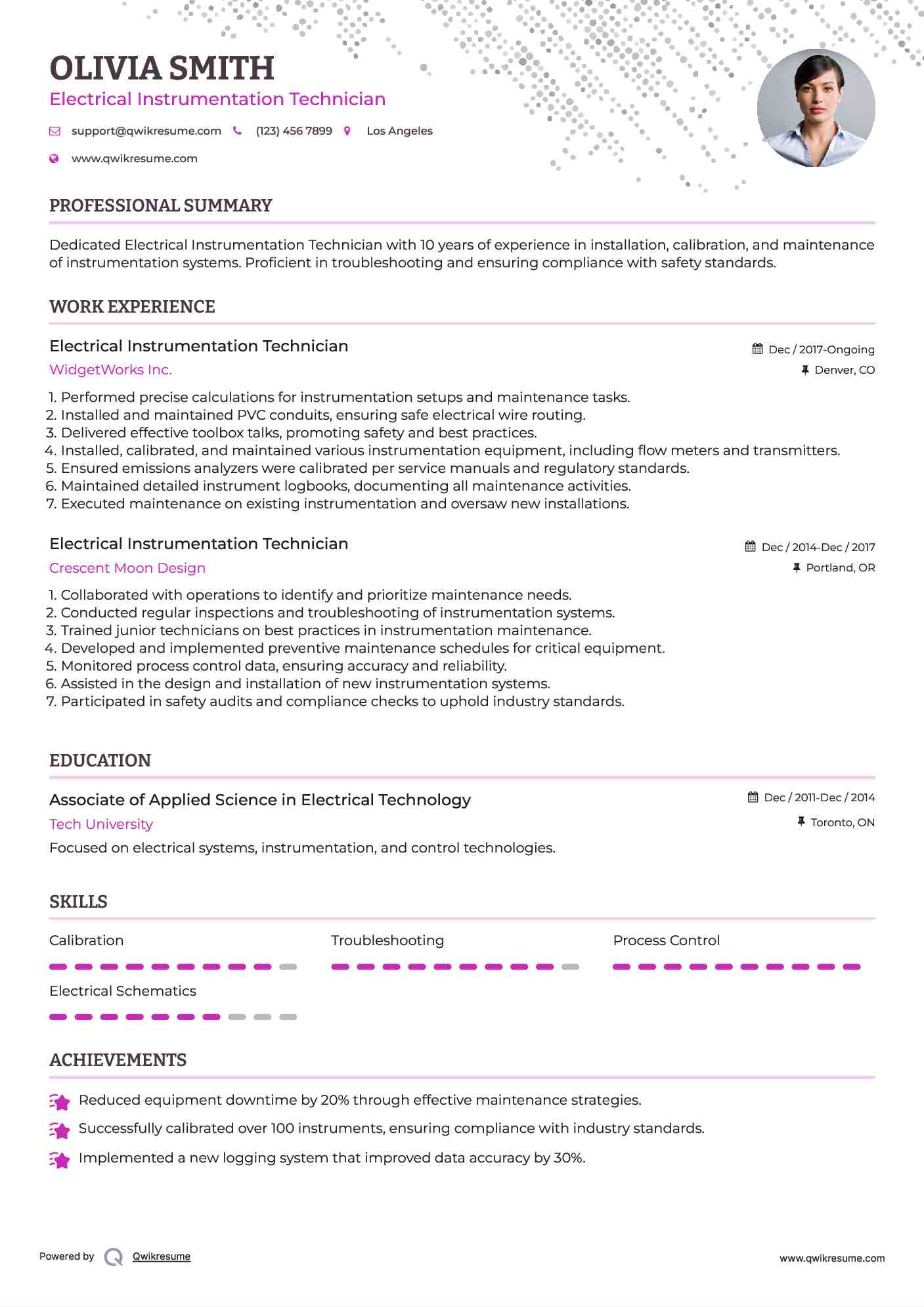 Electrical Instrumentation Technician Resume Example