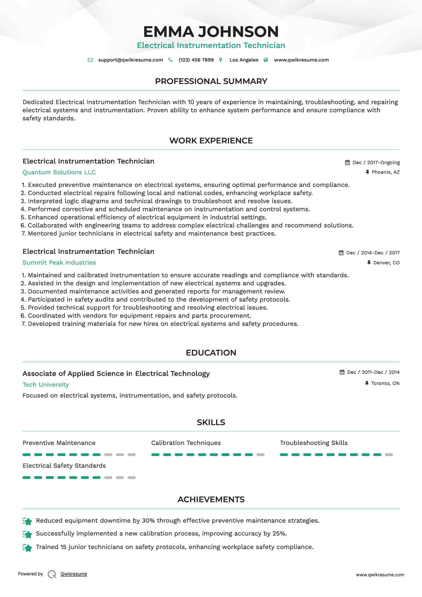 Electrical Instrumentation Technician Resume Template