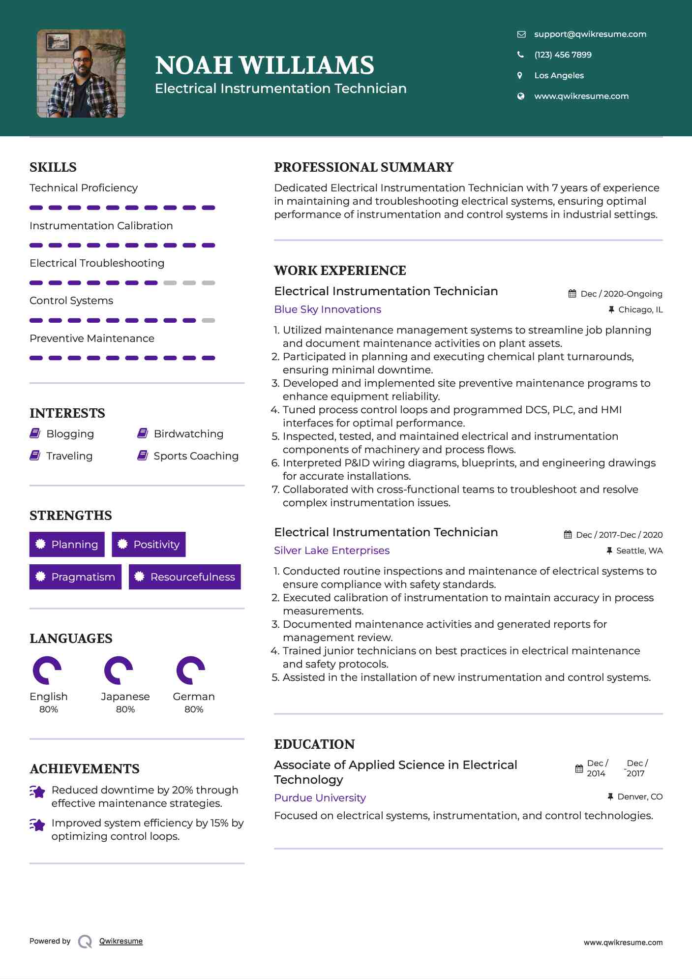 Electrical Instrumentation Technician Resume Example