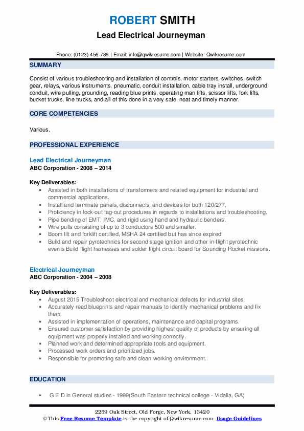 Electrical Journeyman Resume Samples QwikResume