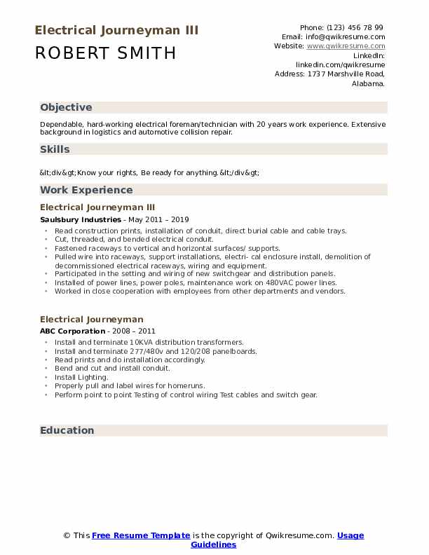 Electrical Journeyman Resume Samples QwikResume