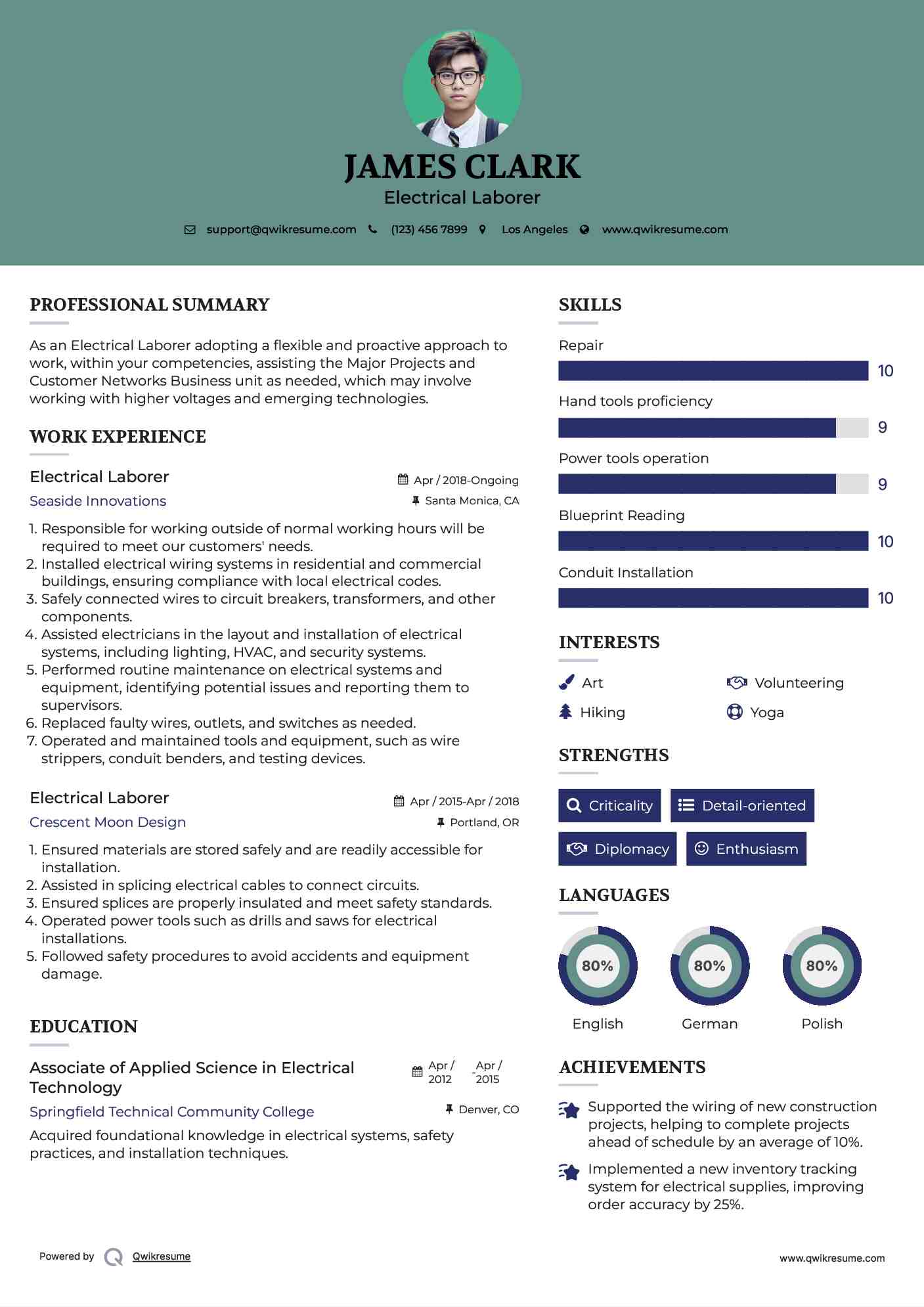 Electrical Laborer Resume Example