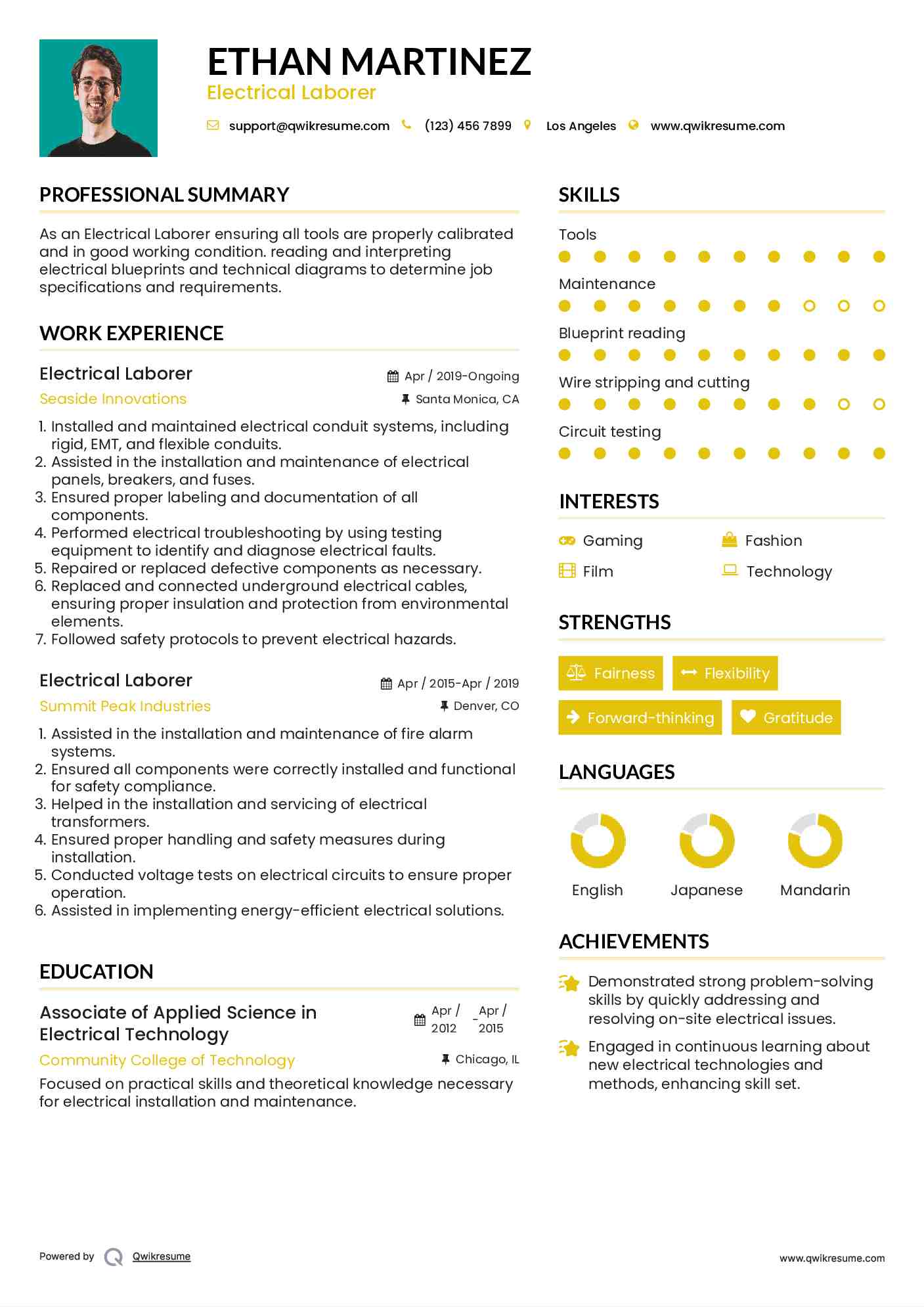 Electrical Laborer Resume Example