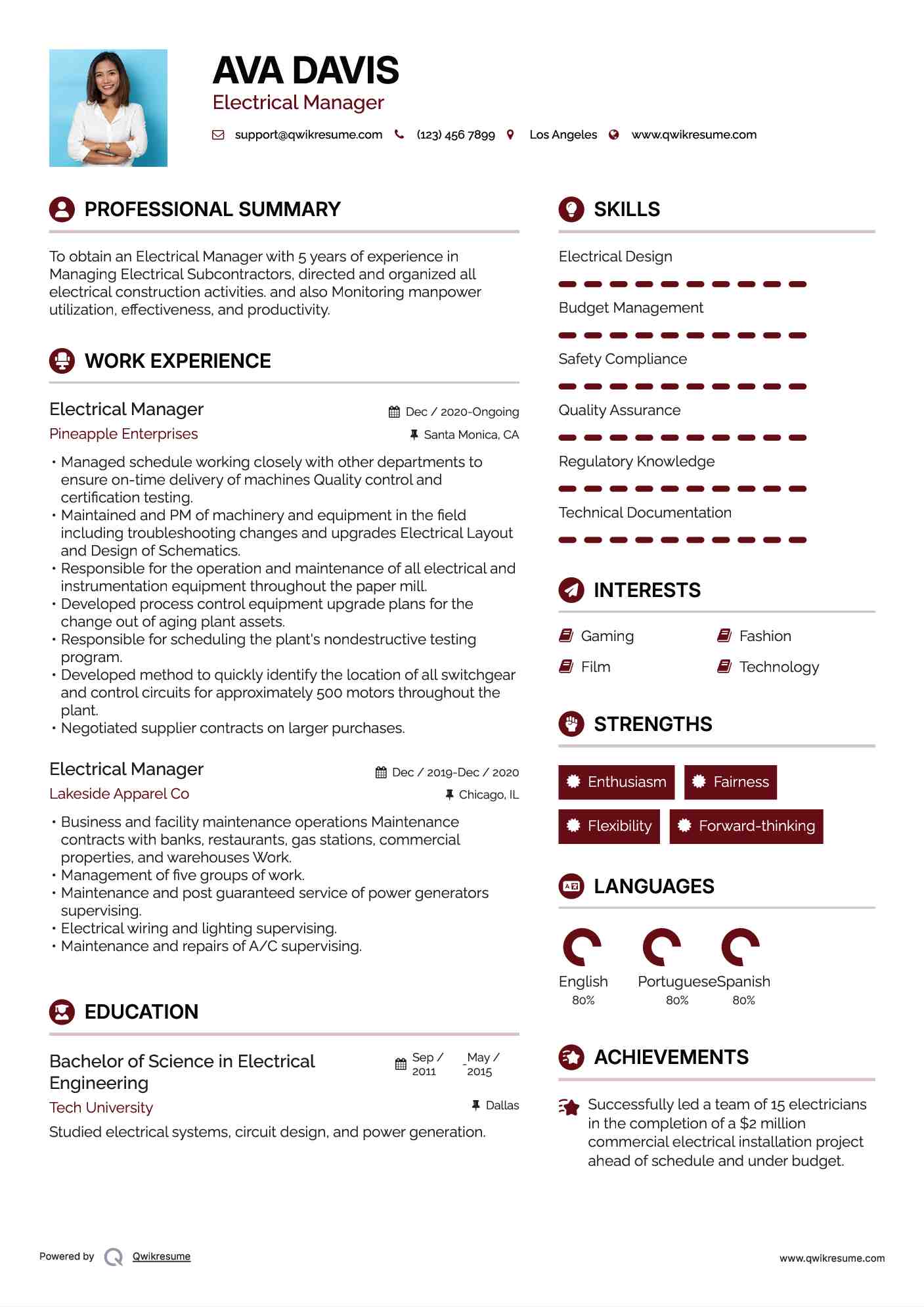 Electrical Manager Resume Format