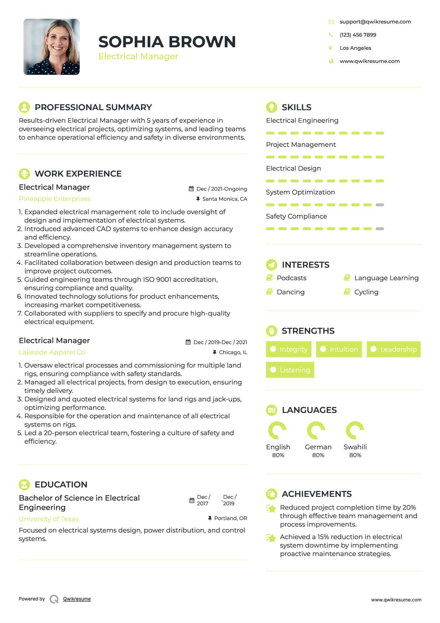 Electrical Manager Resume Model