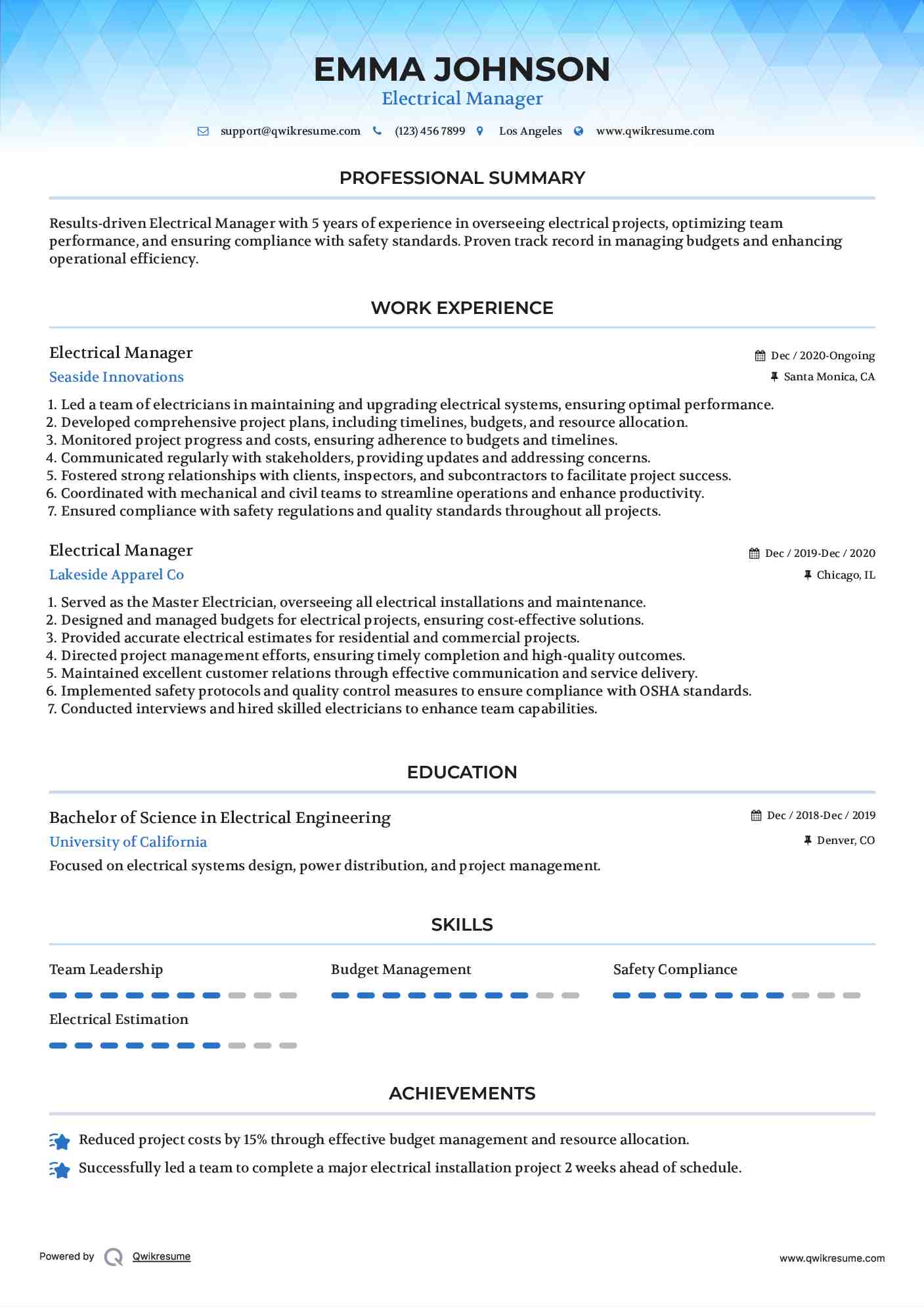 Electrical Manager Resume Model