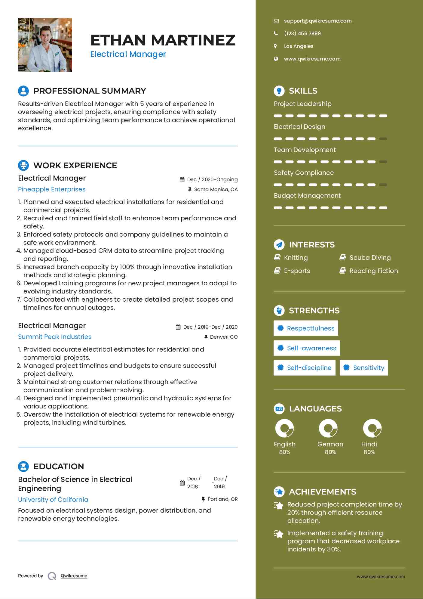 Electrical Manager Resume Sample