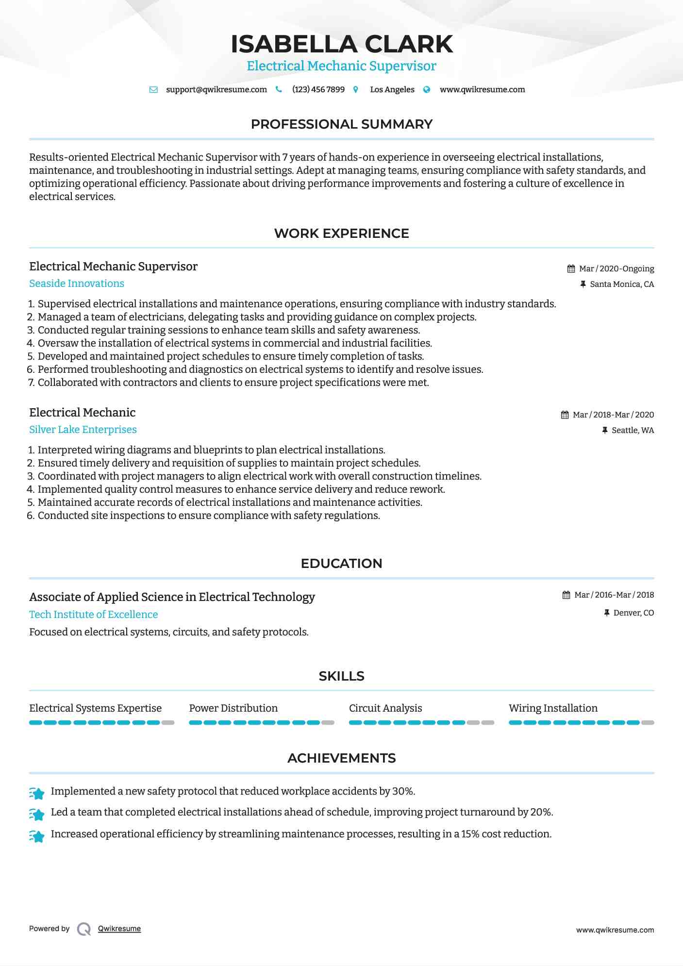 Electrical Mechanic Supervisor Resume Sample