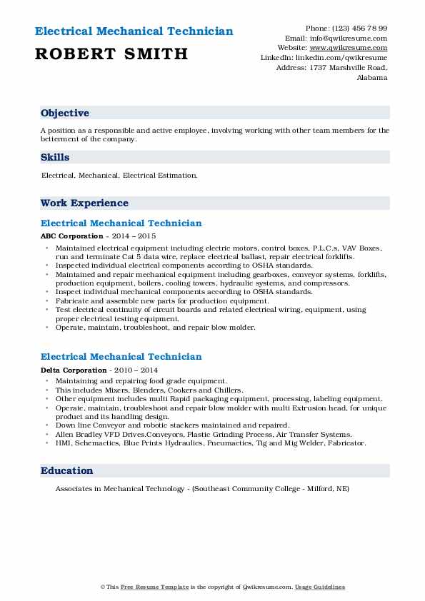 Electrical Mechanical Technician Resume Samples QwikResume