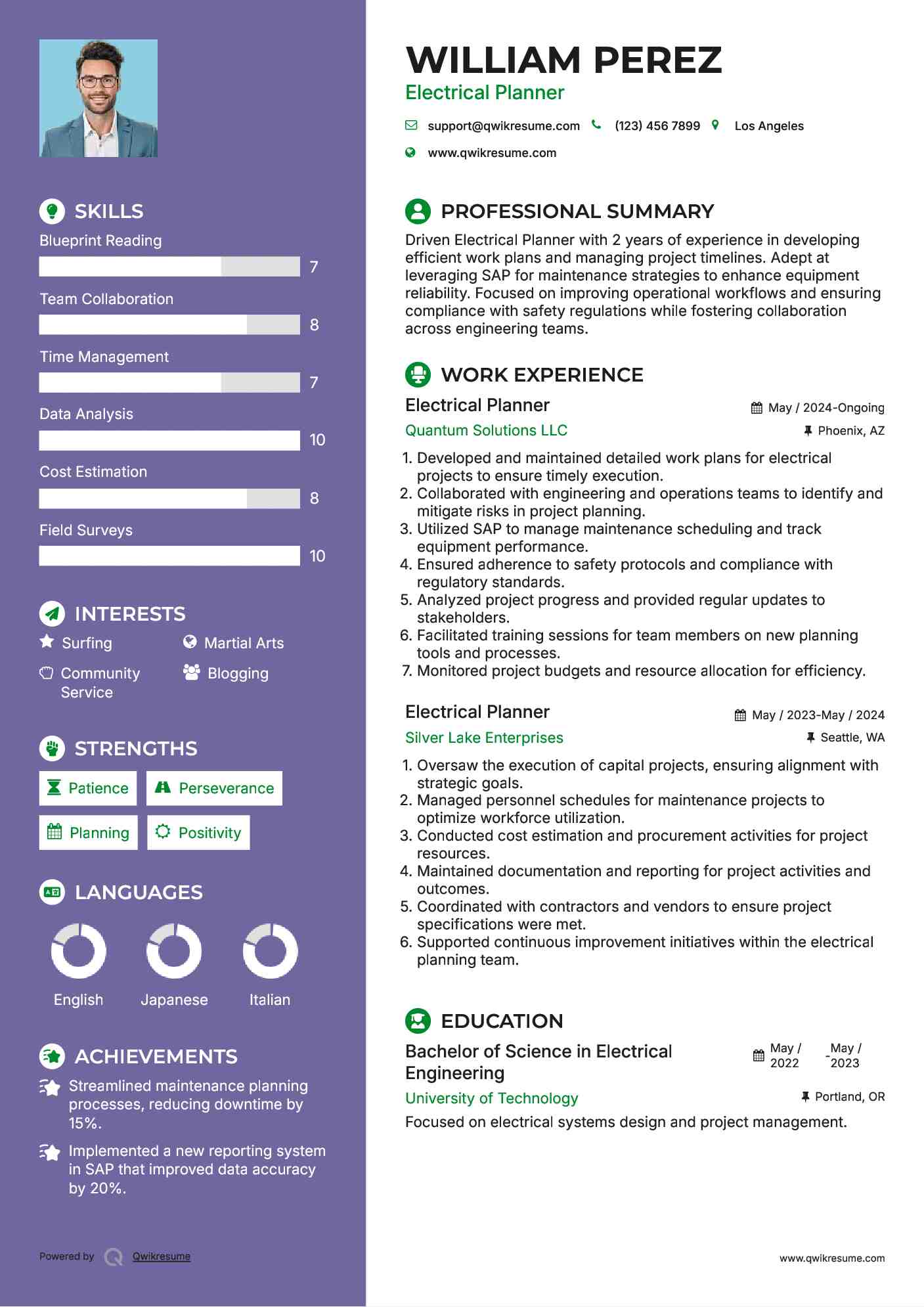 Electrical Planner Resume Sample