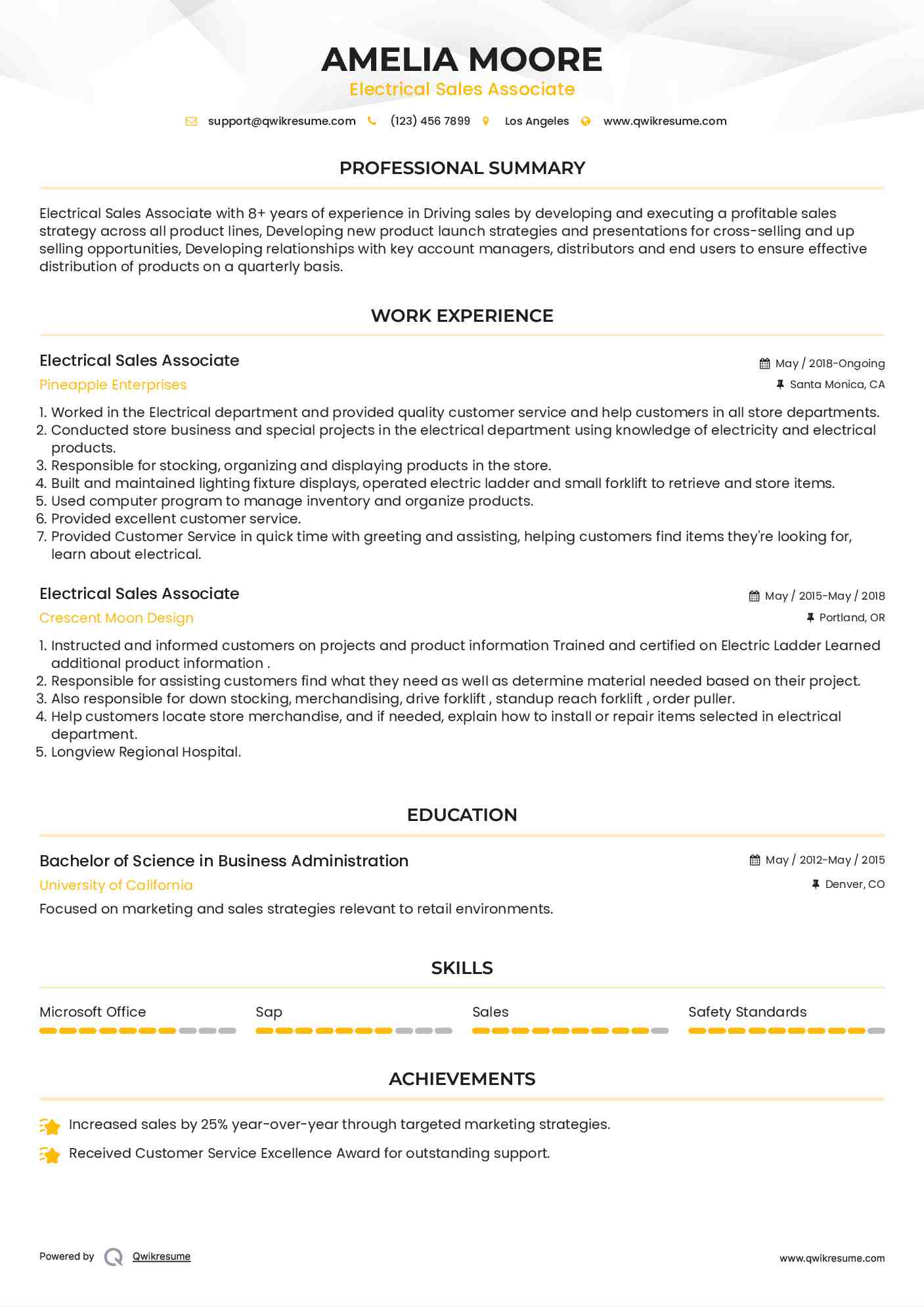 Electrical Sales Associate Resume Format