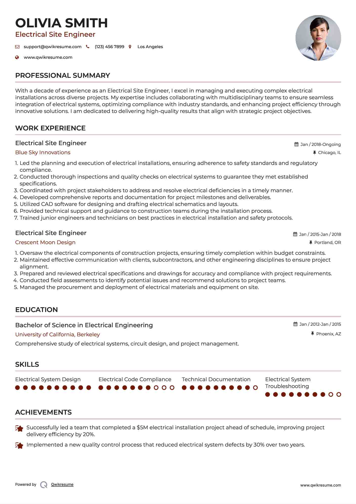 Electrical Site Engineer Resume Example