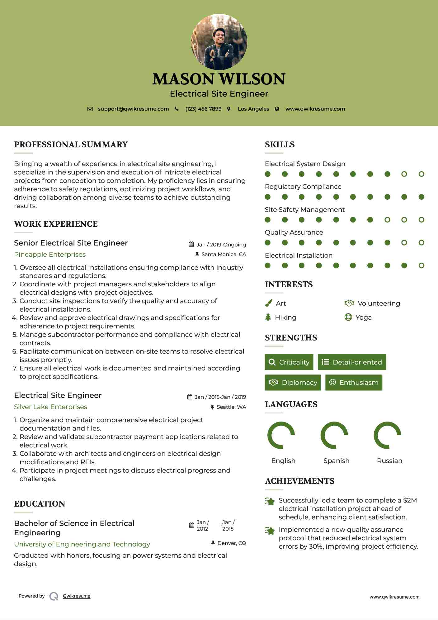 Senior Electrical Site Engineer Resume Format