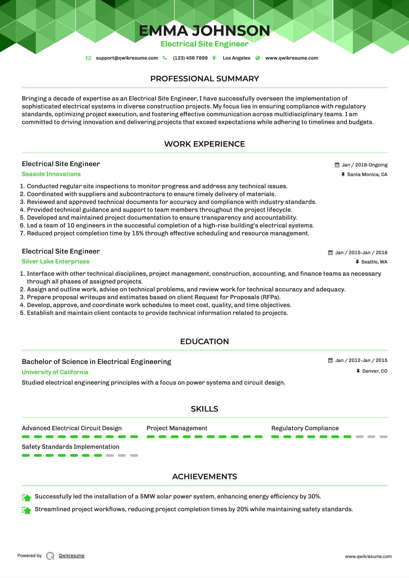 Electrical Site Engineer Resume Sample