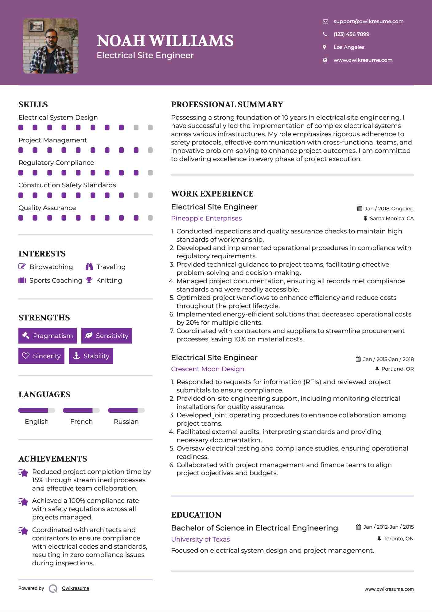 Electrical Site Engineer Resume Example