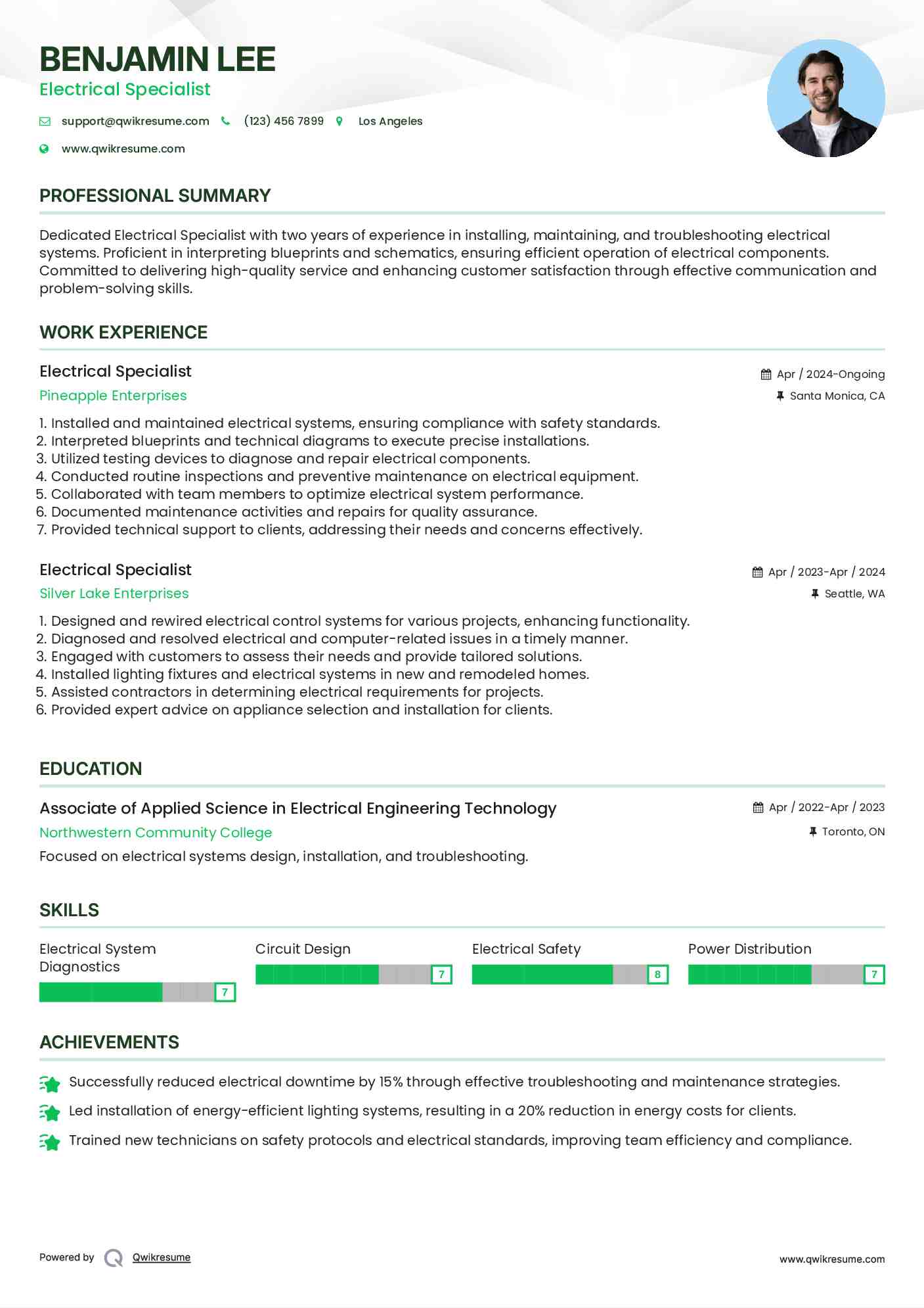 Electrical Specialist Resume Sample