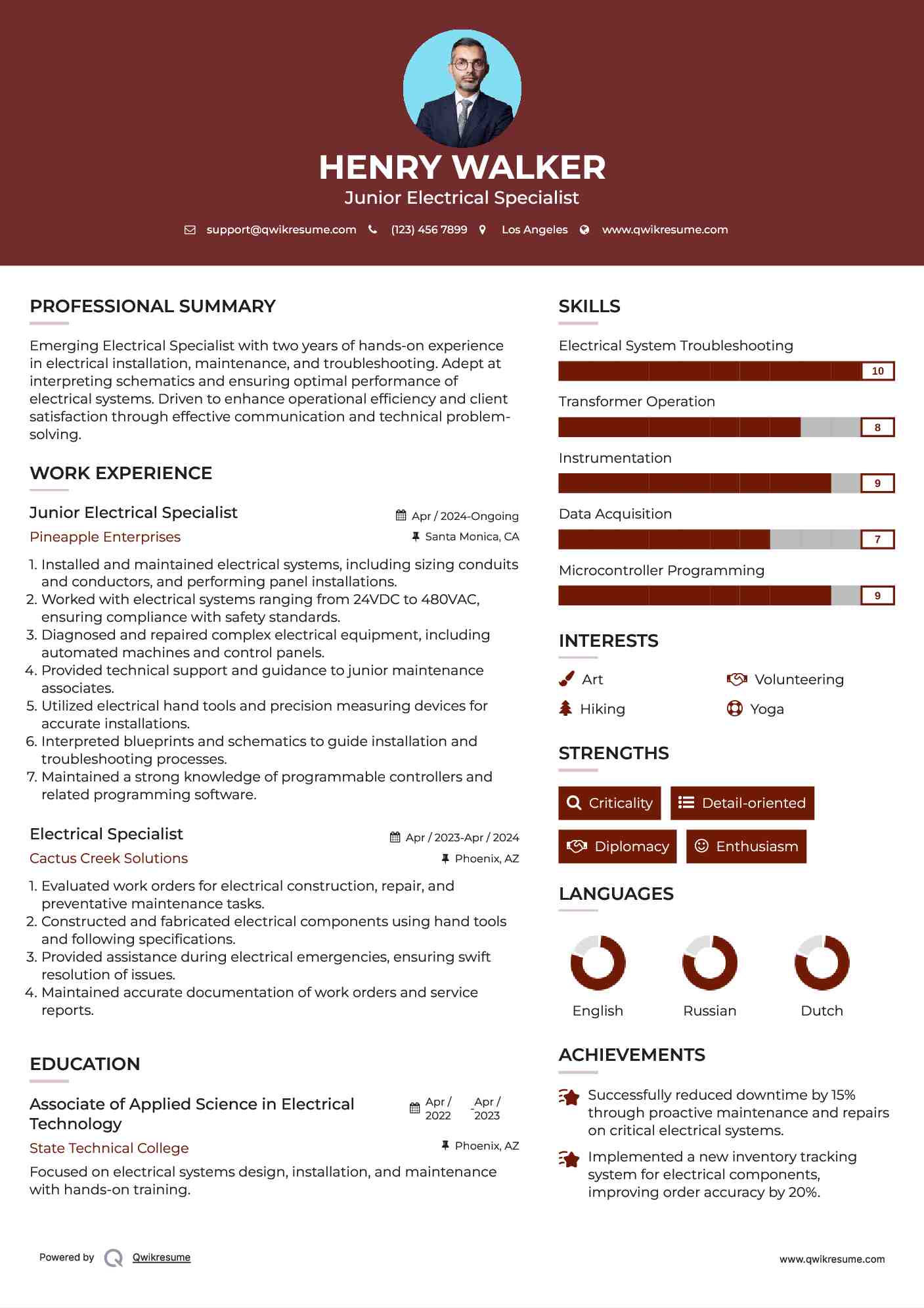Junior Electrical Specialist Resume Sample