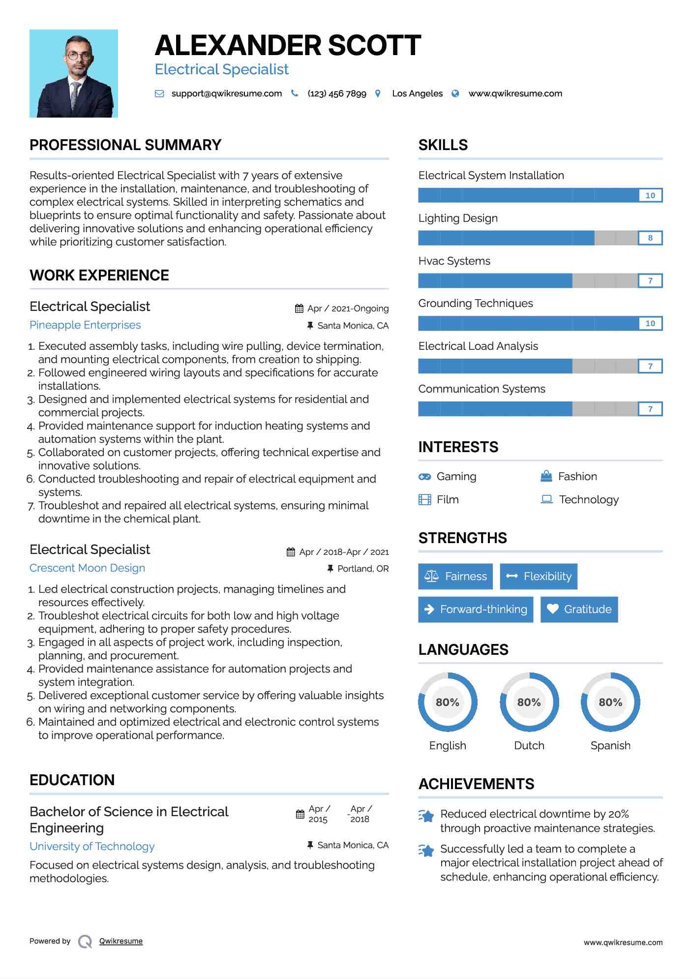 Electrical Specialist Resume Example
