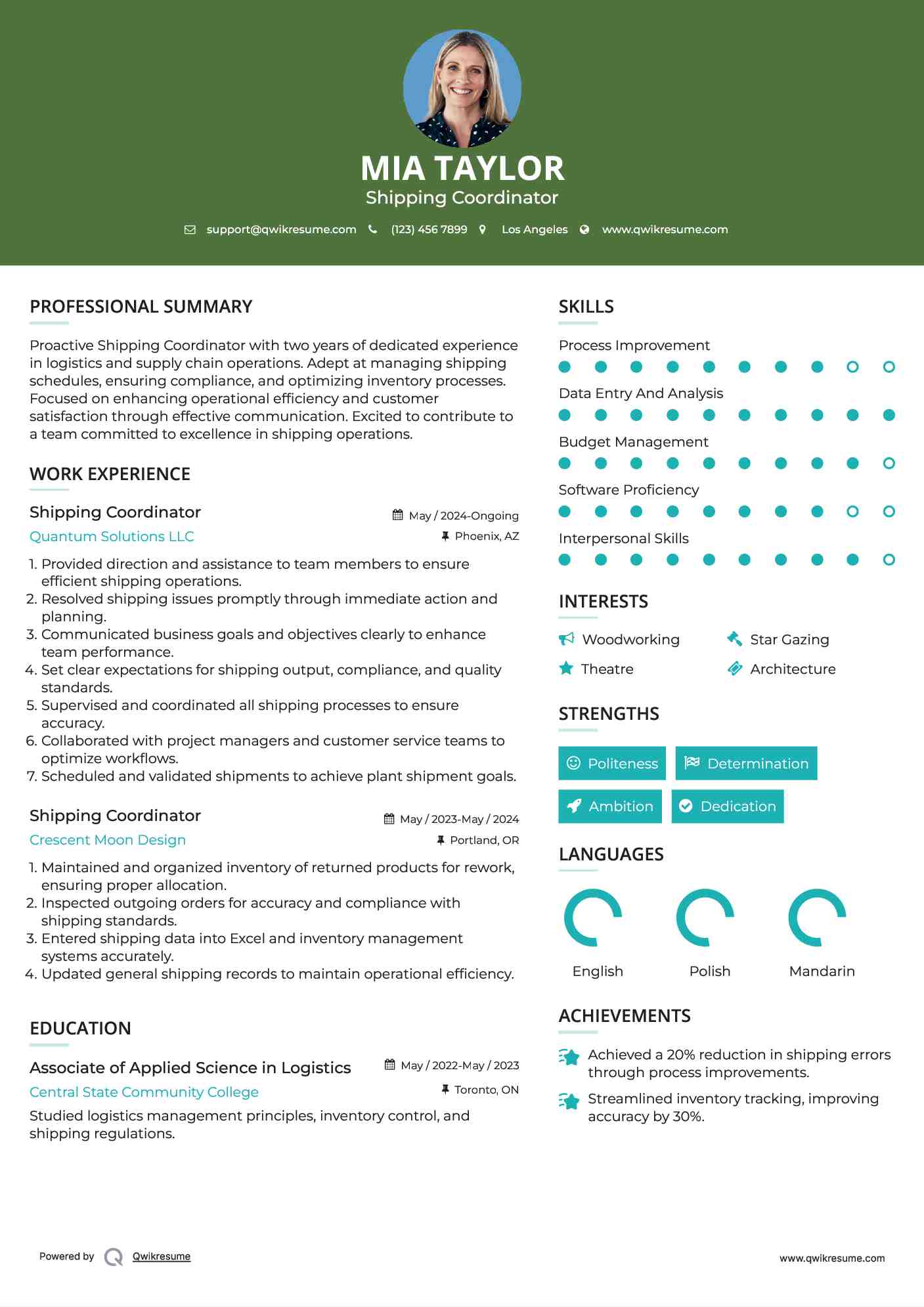 Shipping Coordinator Resume Template