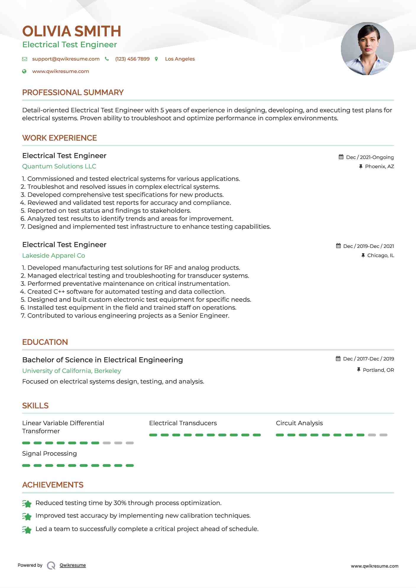 Electrical Test Engineer Resume Samples QwikResume