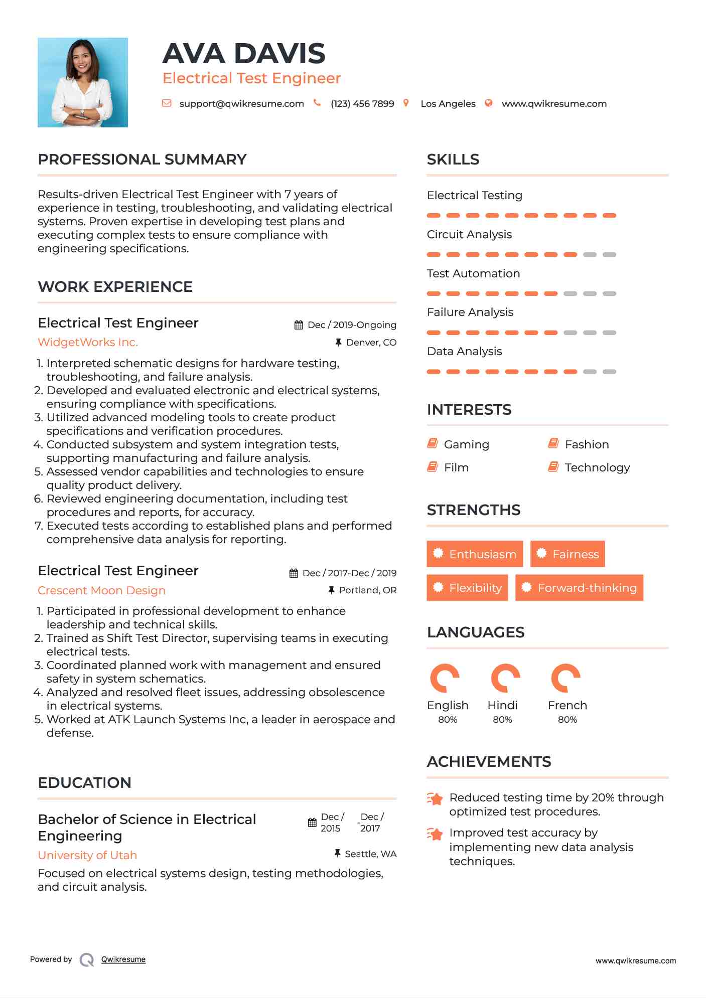 Electrical Test Engineer Resume Samples QwikResume