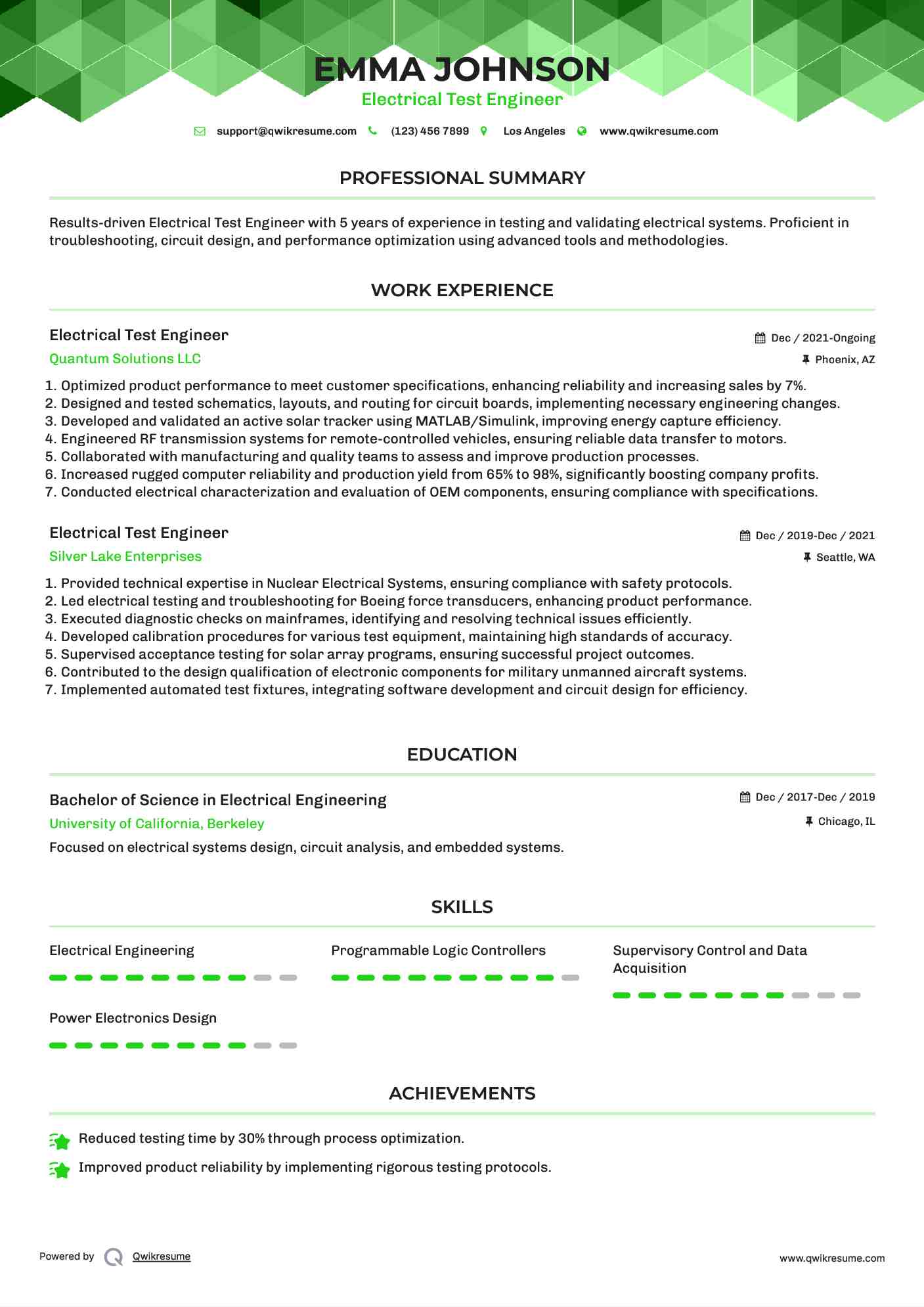 Electrical Test Engineer Resume Samples QwikResume
