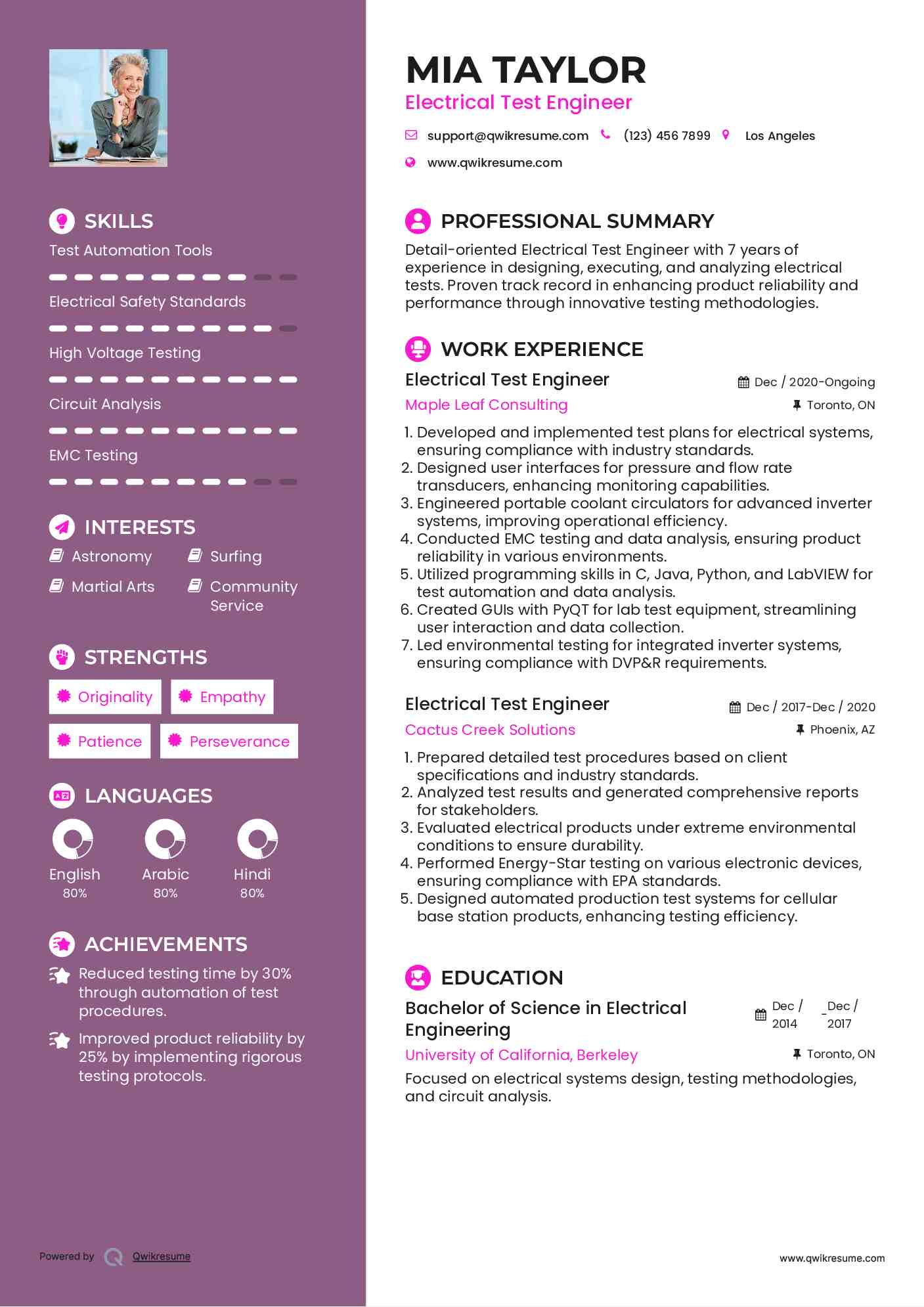 Electrical Test Engineer Resume Samples QwikResume