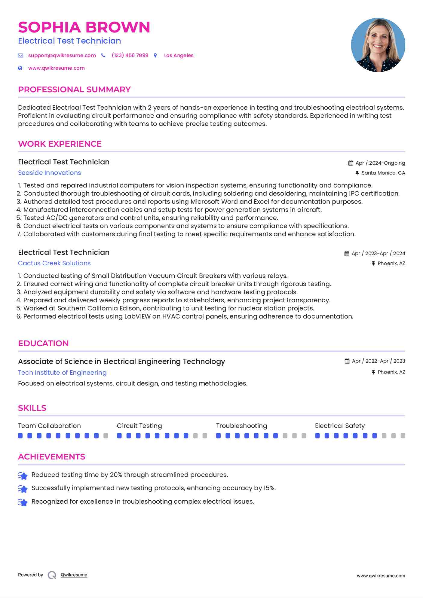 Electrical Test Technician Resume Model