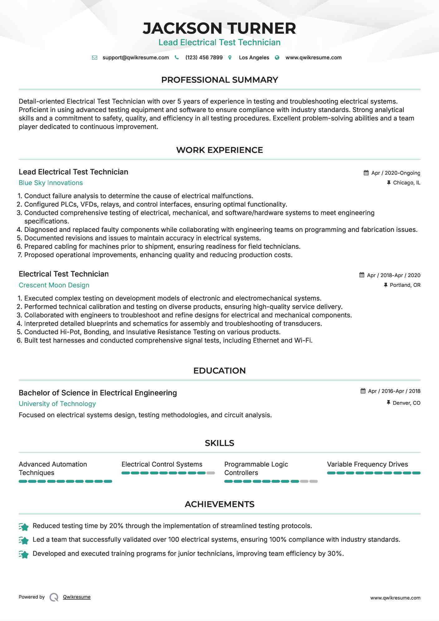 Lead Electrical Test Technician  Resume Example