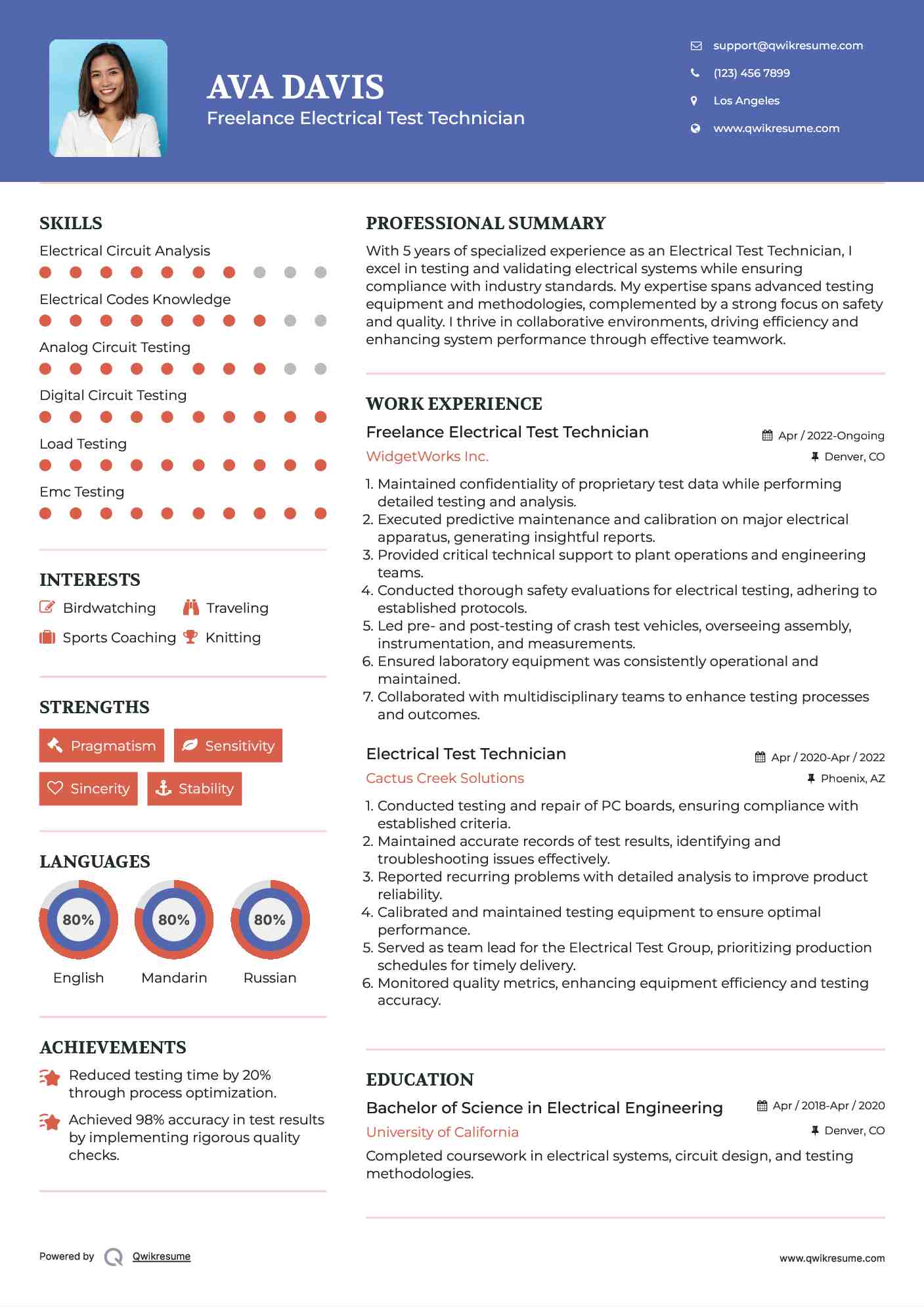 Freelance Electrical Test Technician Resume Example