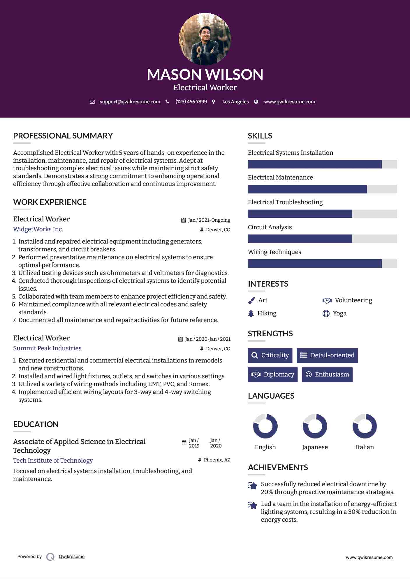 Electrical Worker Resume Sample