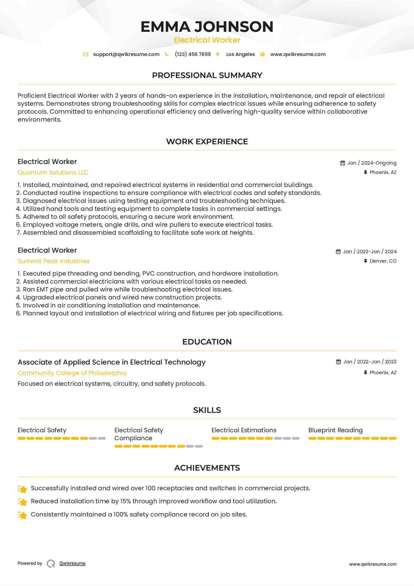 Electrical Worker Resume Model