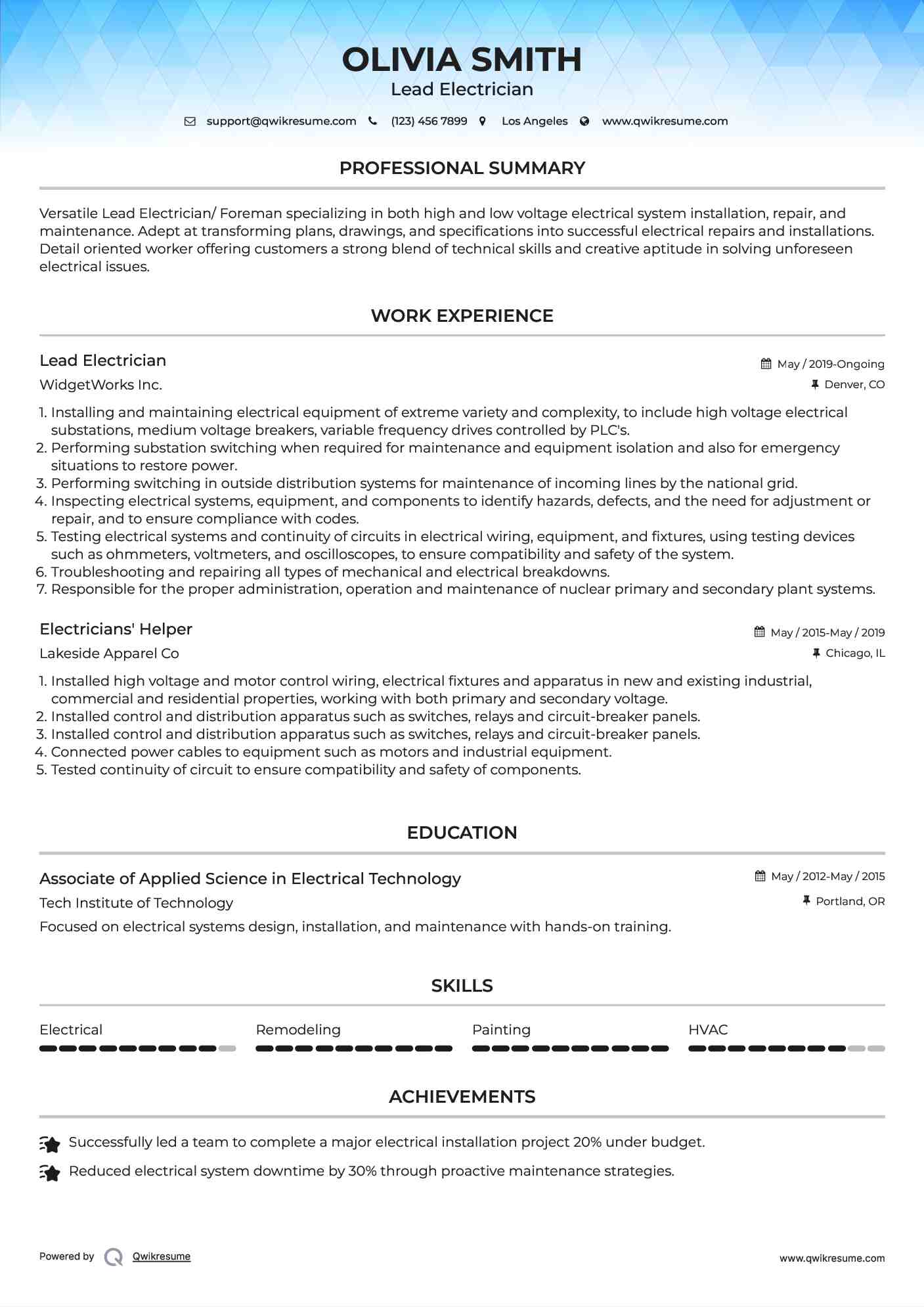 Lead Electrician Resume Example
