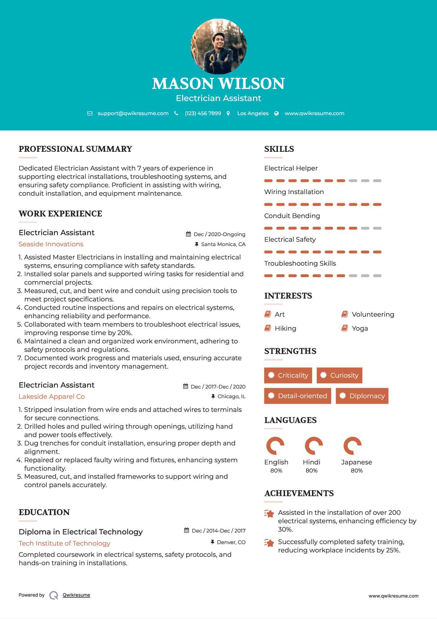 Electrician Assistant Resume Model
