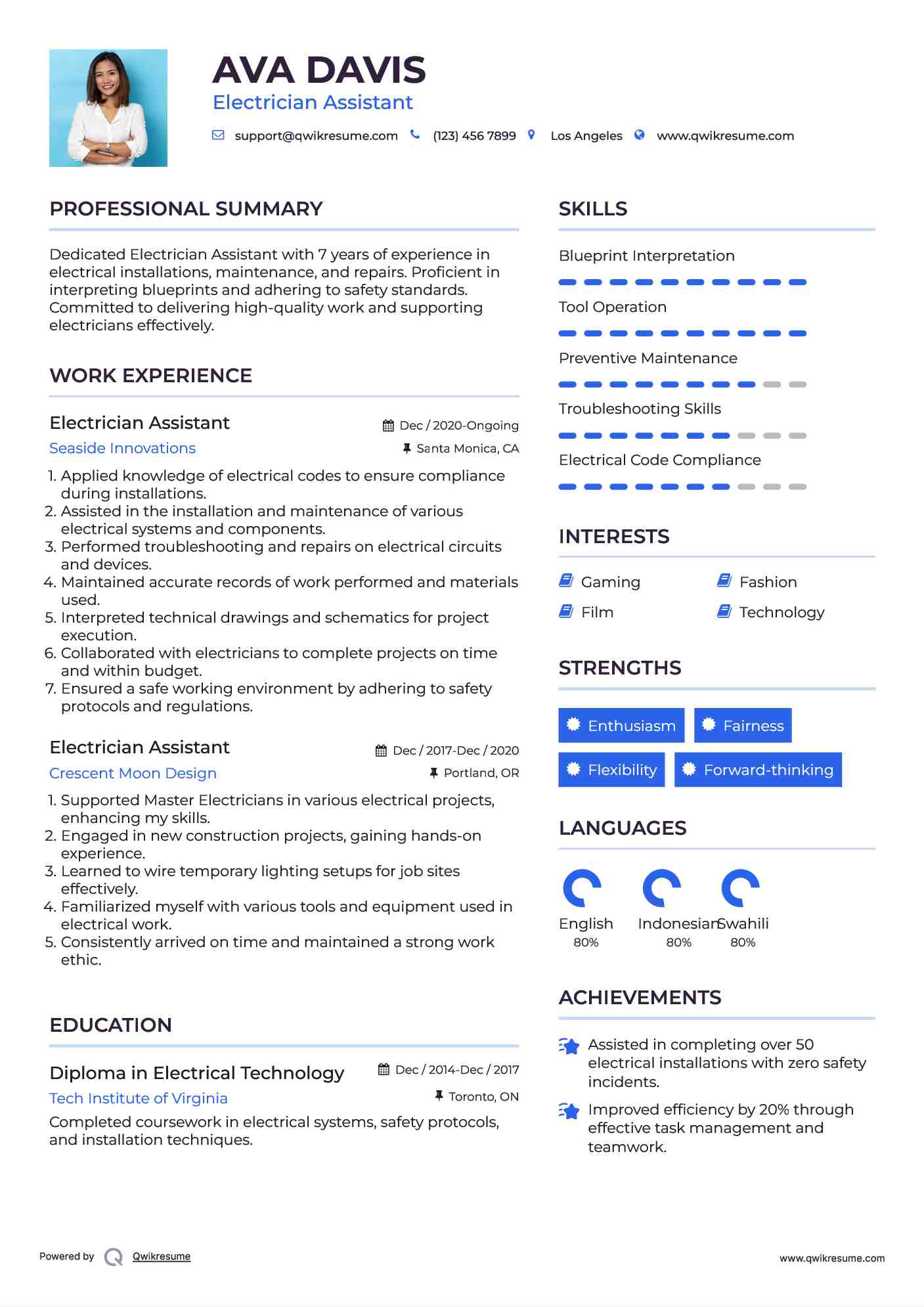 Electrician Assistant Resume Example