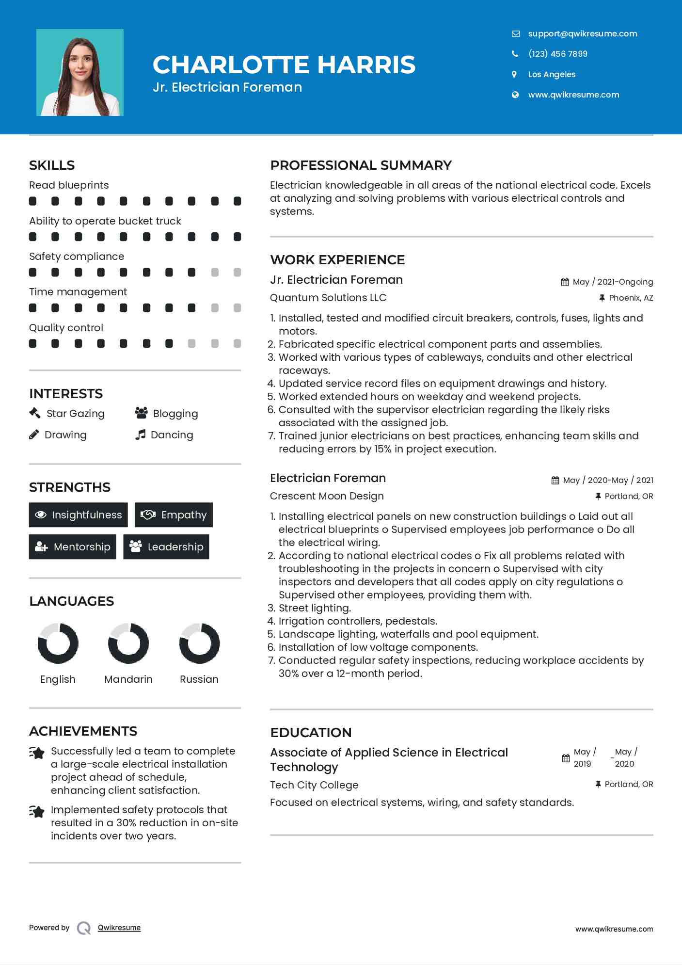Jr. Electrician Foreman Resume Template