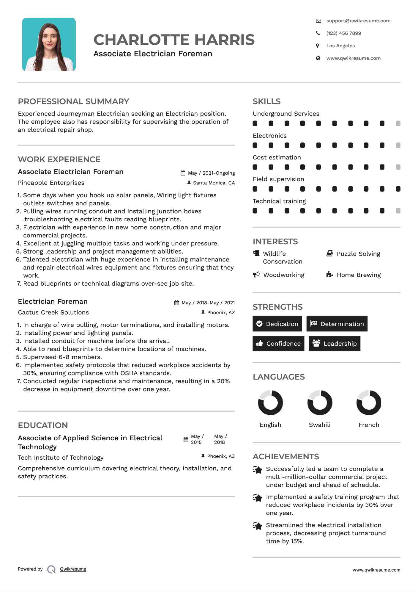 Associate Electrician Foreman Resume Model