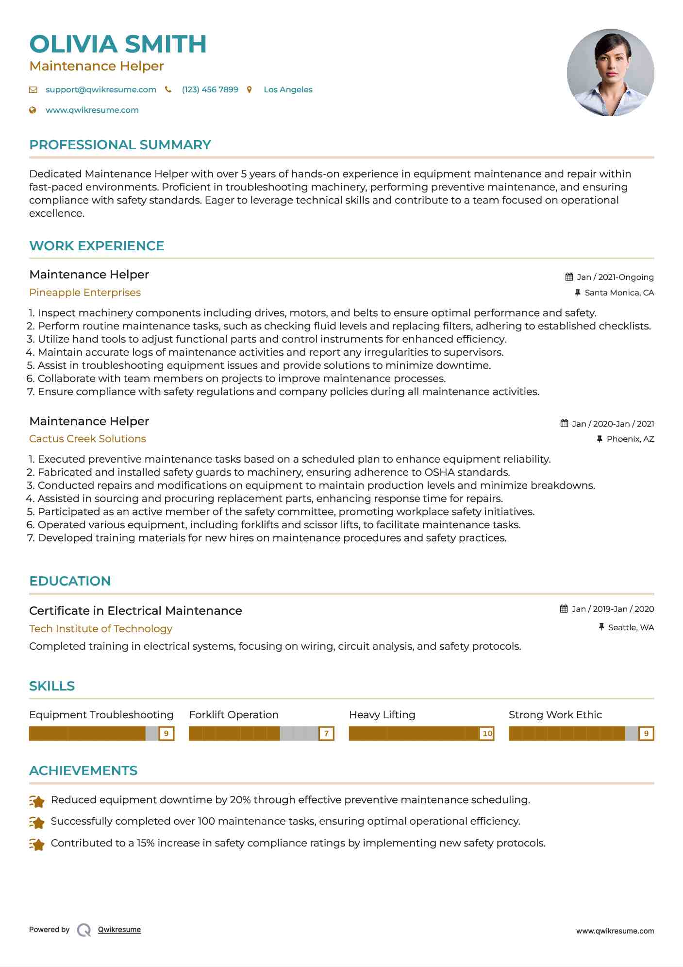 Maintenance Helper Resume Model