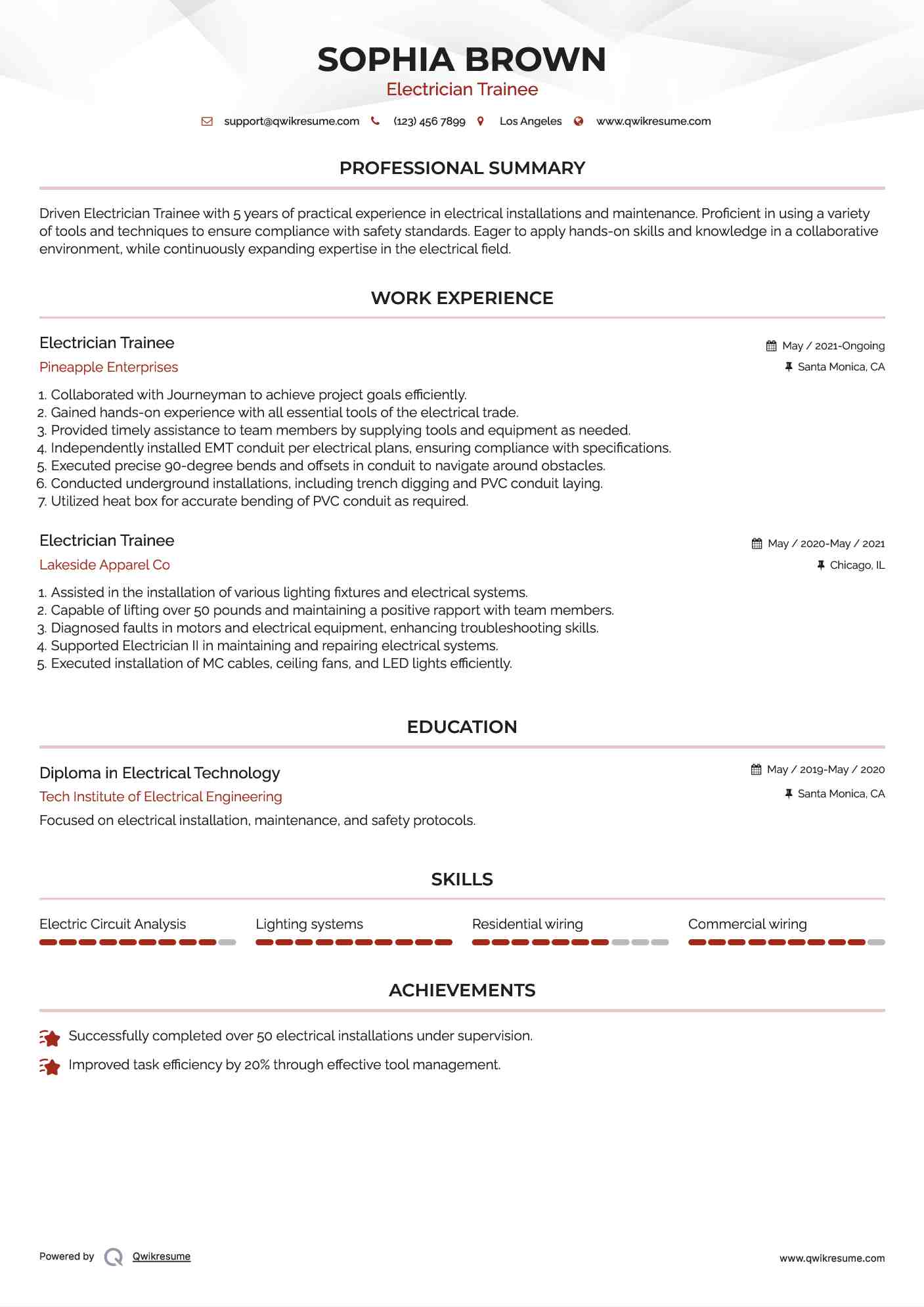 Electrician Trainee Resume Model