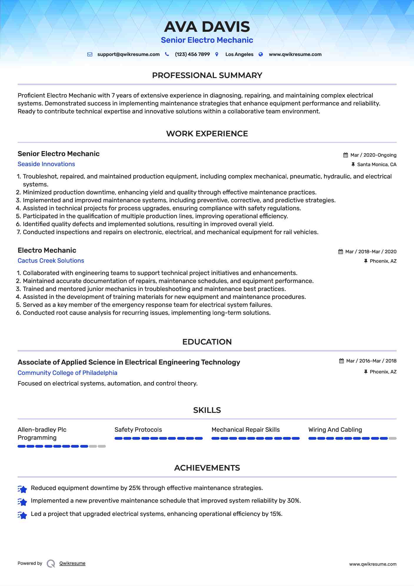 Senior Electro Mechanic Resume Model