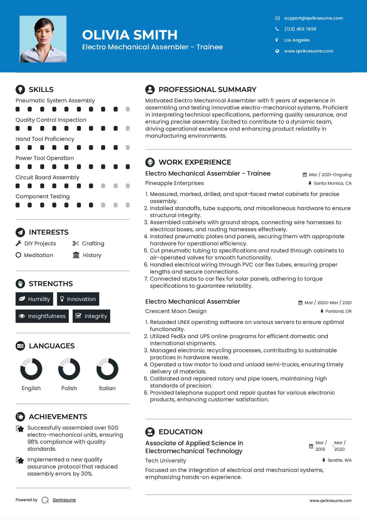 Electro Mechanical Assembler - Trainee Resume Model