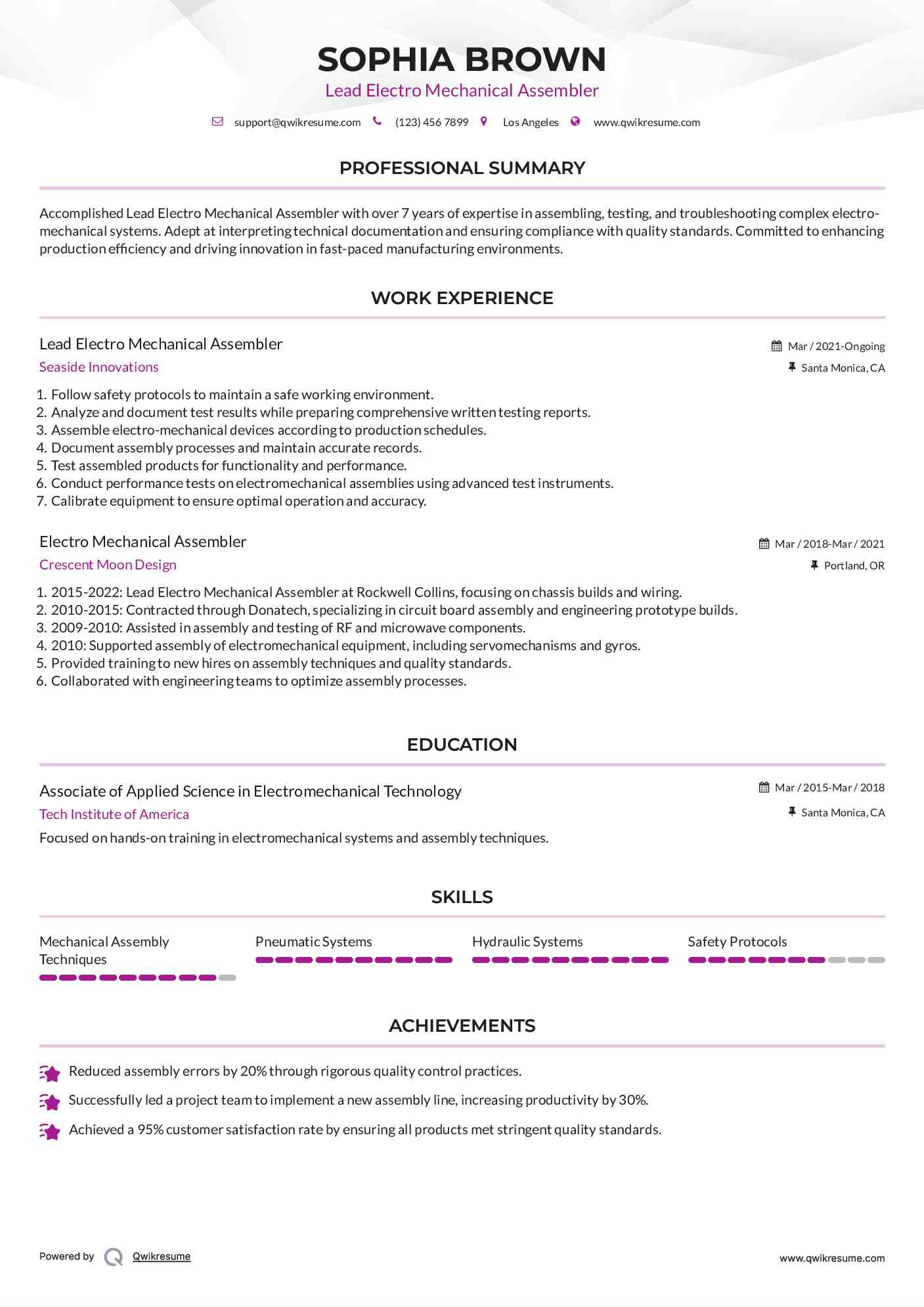 Lead Electro Mechanical Assembler  Resume Example
