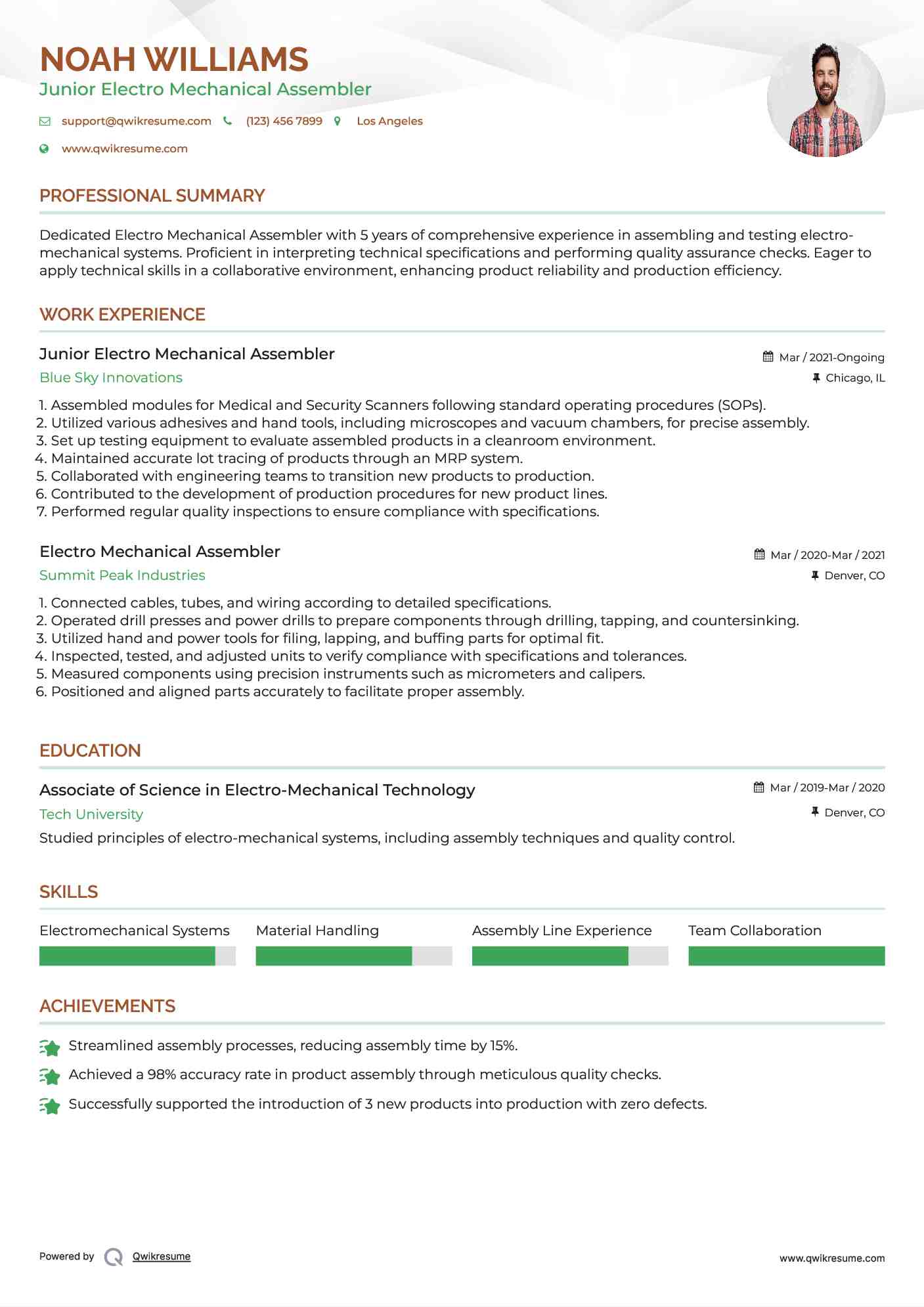 Junior Electro Mechanical Assembler Resume Model