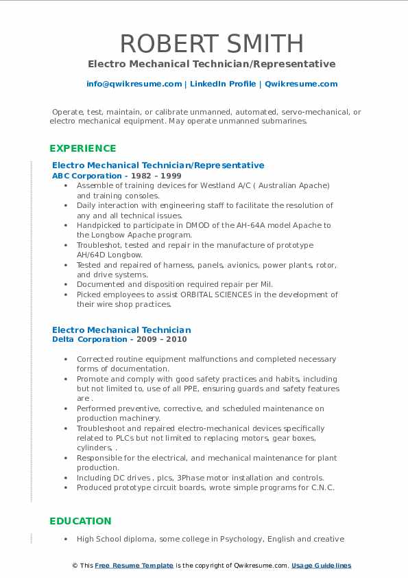 Electro Mechanical Technician Resume Samples | QwikResume